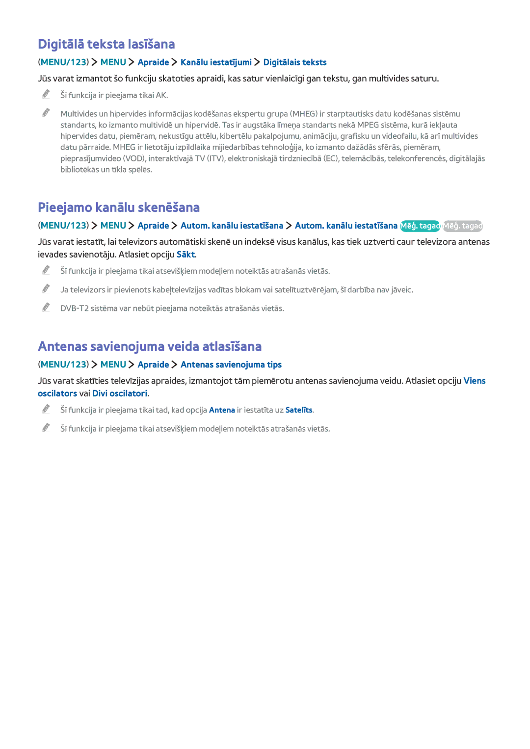 Samsung UE65JU6550UXZG manual Digitālā teksta lasīšana, Pieejamo kanālu skenēšana, Antenas savienojuma veida atlasīšana 