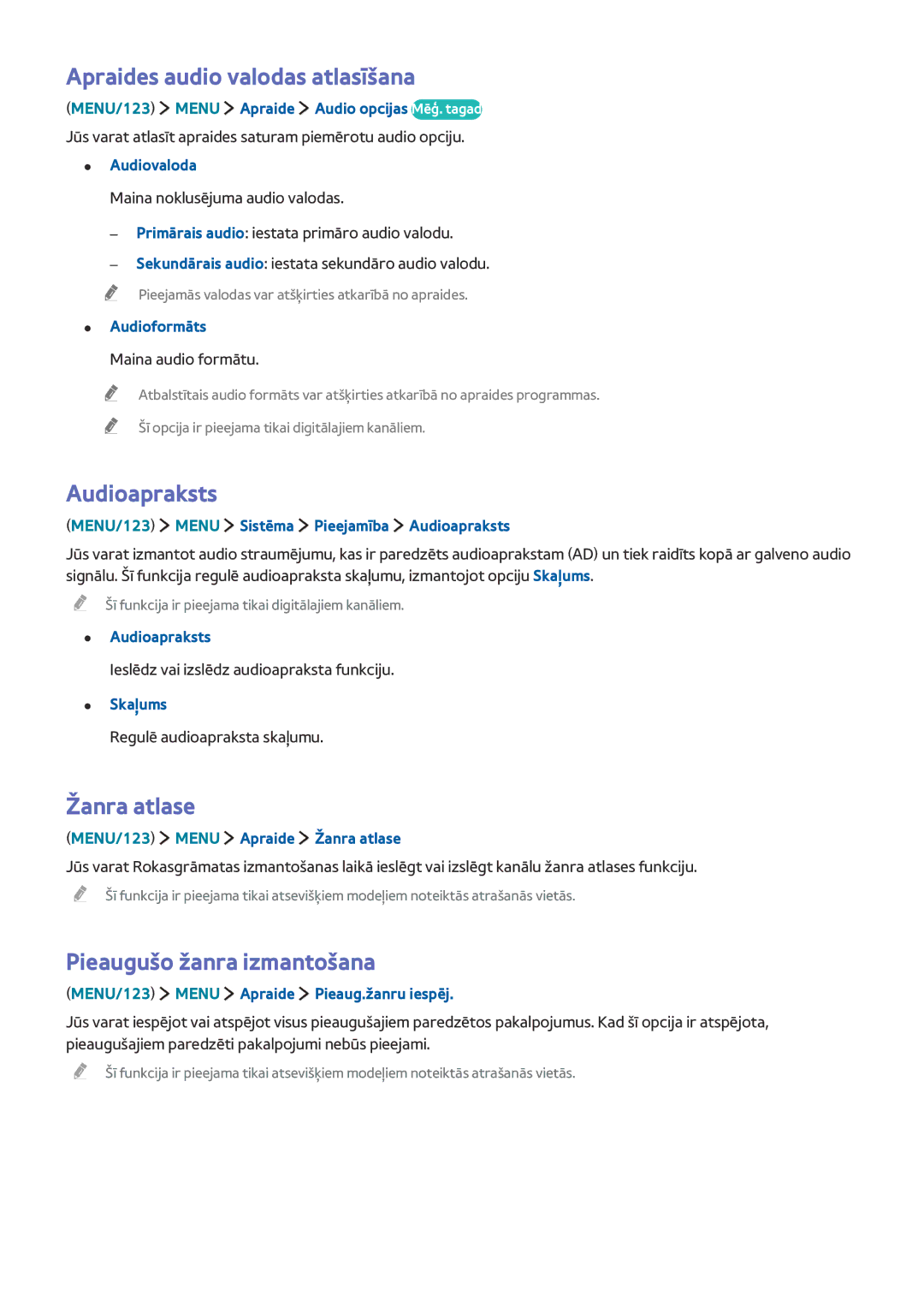 Samsung UE48JU6050UXZG manual Apraides audio valodas atlasīšana, Audioapraksts, Žanra atlase, Pieaugušo žanra izmantošana 