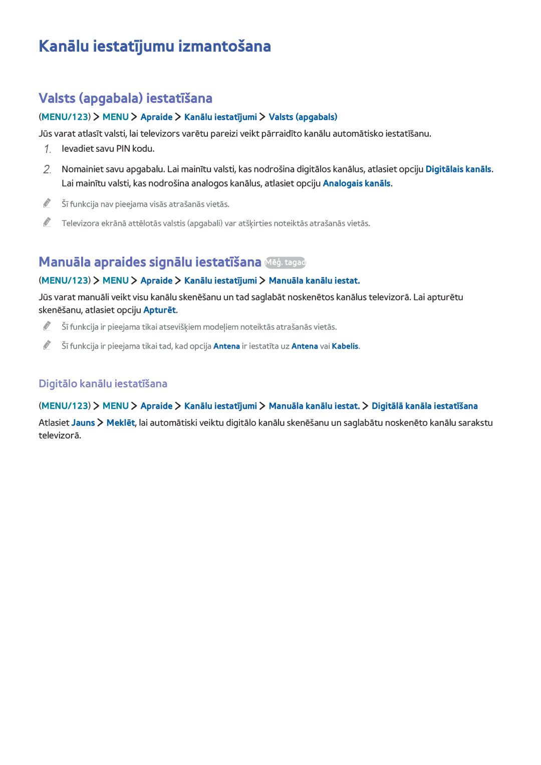 Samsung UE55JU6872UXXH manual Kanālu iestatījumu izmantošana, Valsts apgabala iestatīšana, Digitālo kanālu iestatīšana 