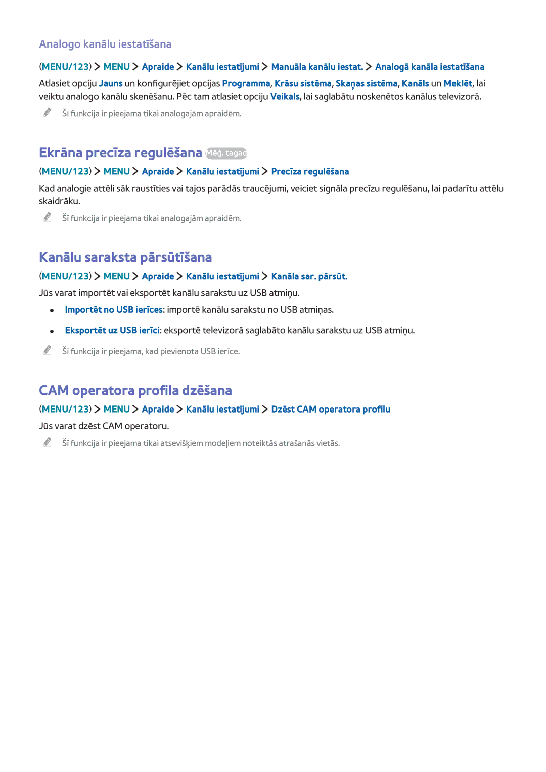 Samsung UE60JU6872UXXH Ekrāna precīza regulēšana Mēģ. tagad, Kanālu saraksta pārsūtīšana, CAM operatora profila dzēšana 