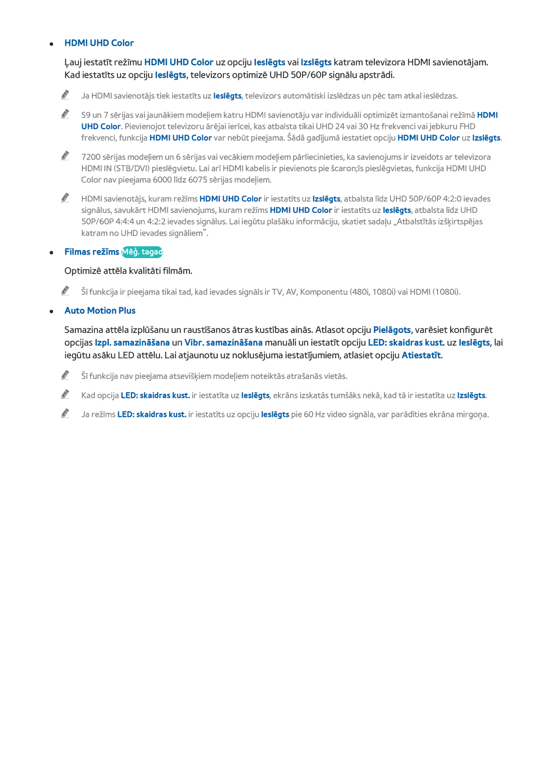 Samsung UE48JS8502TXXH manual Hdmi UHD Color, Filmas režīms Mēģ. tagad, Optimizē attēla kvalitāti filmām, Auto Motion Plus 