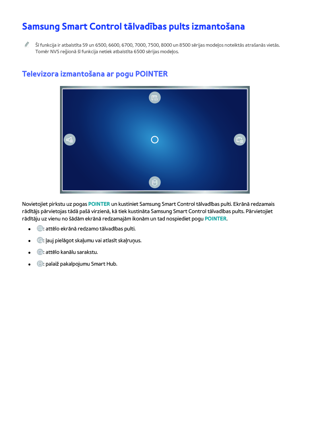 Samsung UE55JU6050UXZG manual Samsung Smart Control tālvadības pults izmantošana, Televizora izmantošana ar pogu Pointer 