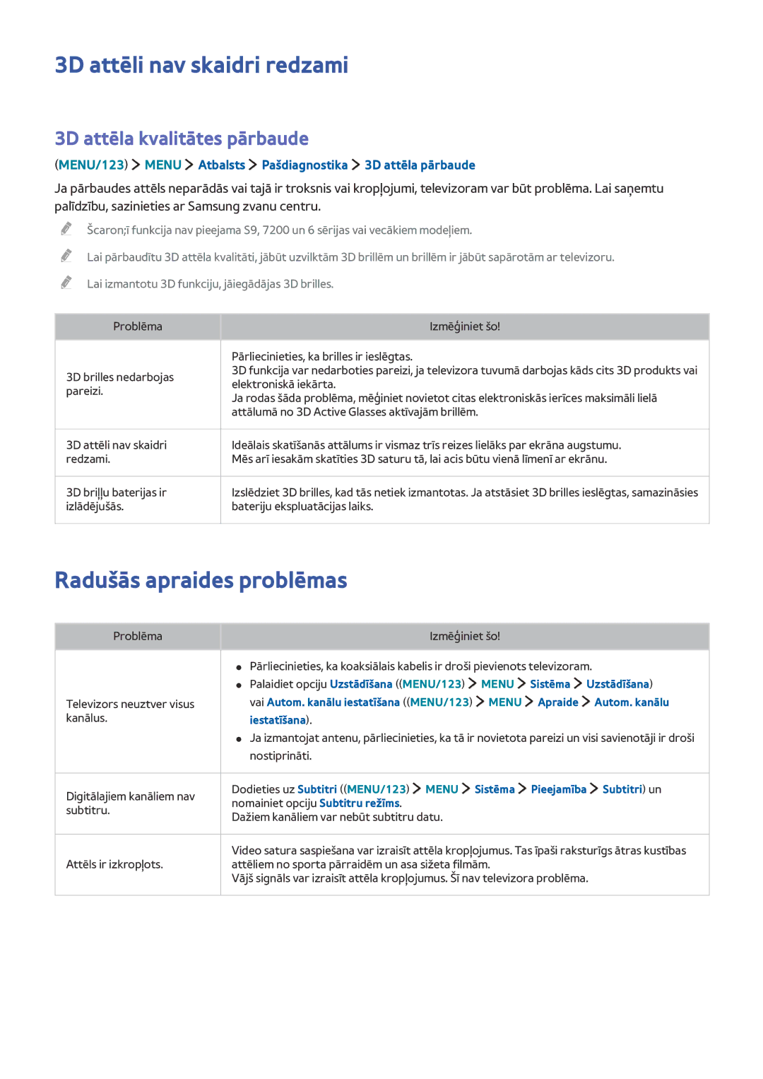 Samsung UE48JU6652UXXH manual 3D attēli nav skaidri redzami, Radušās apraides problēmas, 3D attēla kvalitātes pārbaude 