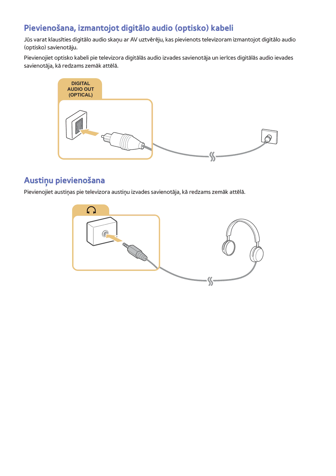 Samsung UE48JU6050UXZG, UE48JU6495UXZG manual Pievienošana, izmantojot digitālo audio optisko kabeli, Austiņu pievienošana 