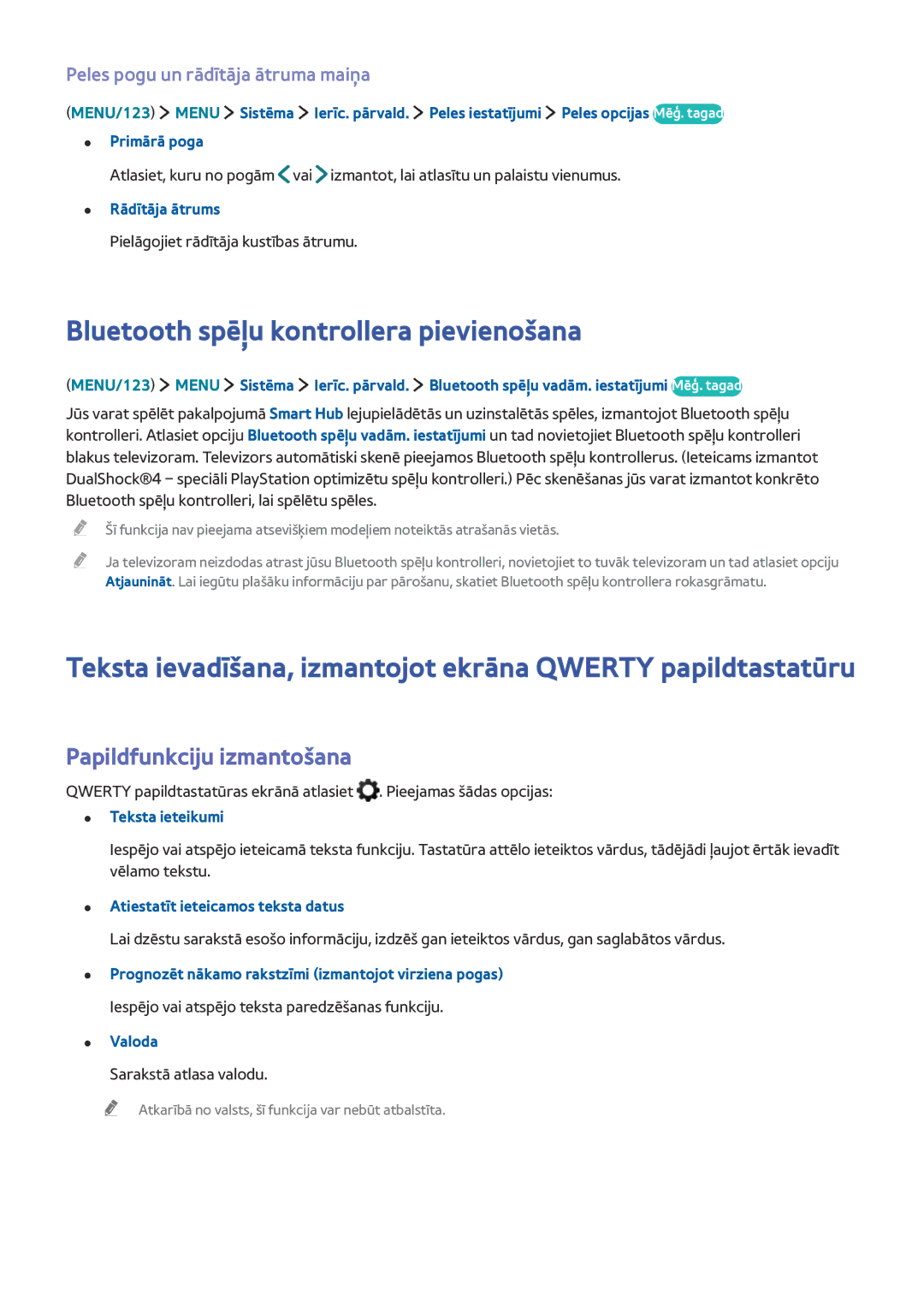 Samsung UE48JU7002TXXH, UE48JU6495UXZG, UE48JU6490UXZG Bluetooth spēļu kontrollera pievienošana, Papildfunkciju izmantošana 