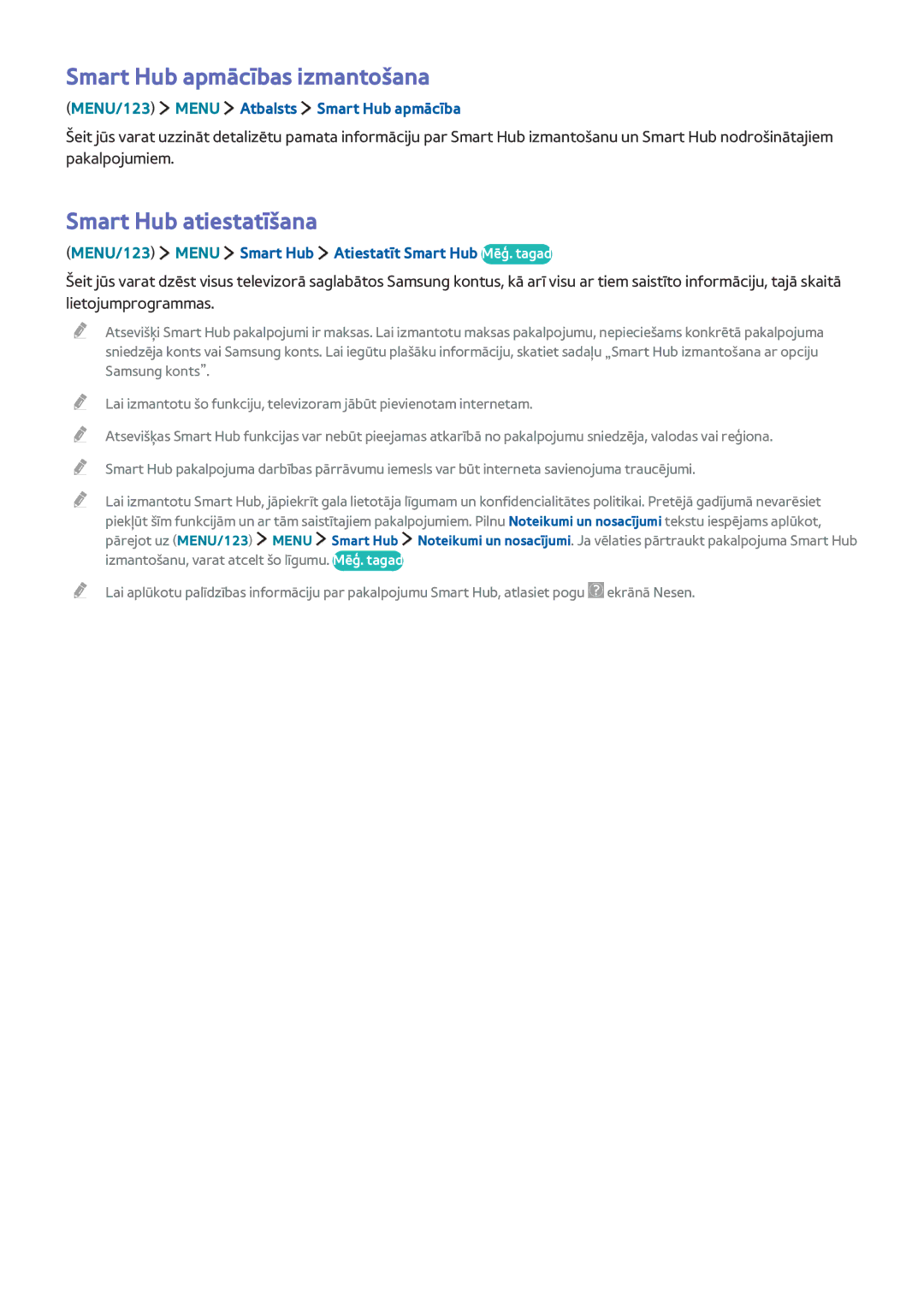 Samsung UE65JU7502TXXH Smart Hub apmācības izmantošana, Smart Hub atiestatīšana, MENU/123 Menu Atbalsts Smart Hub apmācība 