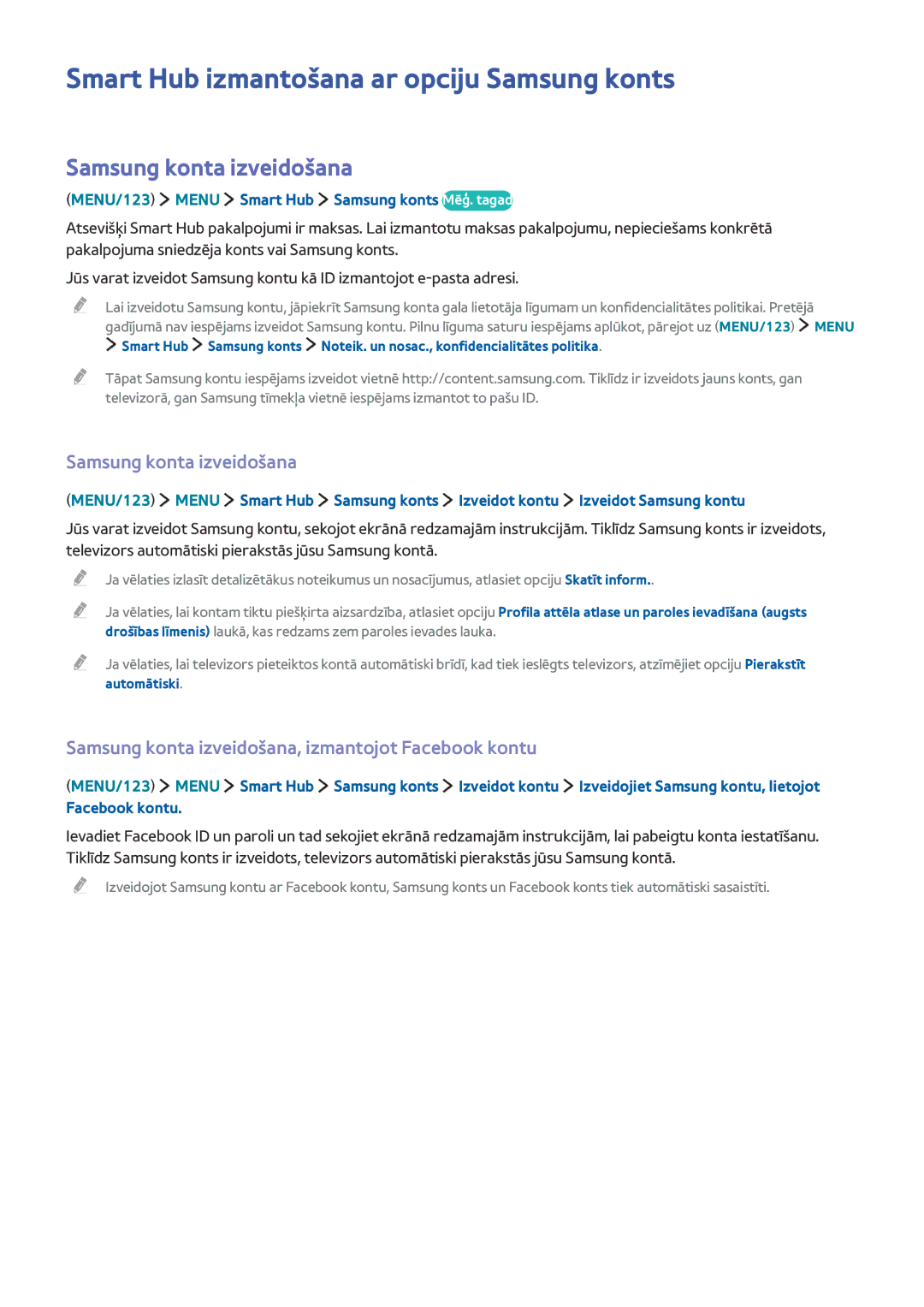 Samsung UE85JU7002TXXH, UE48JU6495UXZG manual Smart Hub izmantošana ar opciju Samsung konts, Samsung konta izveidošana 