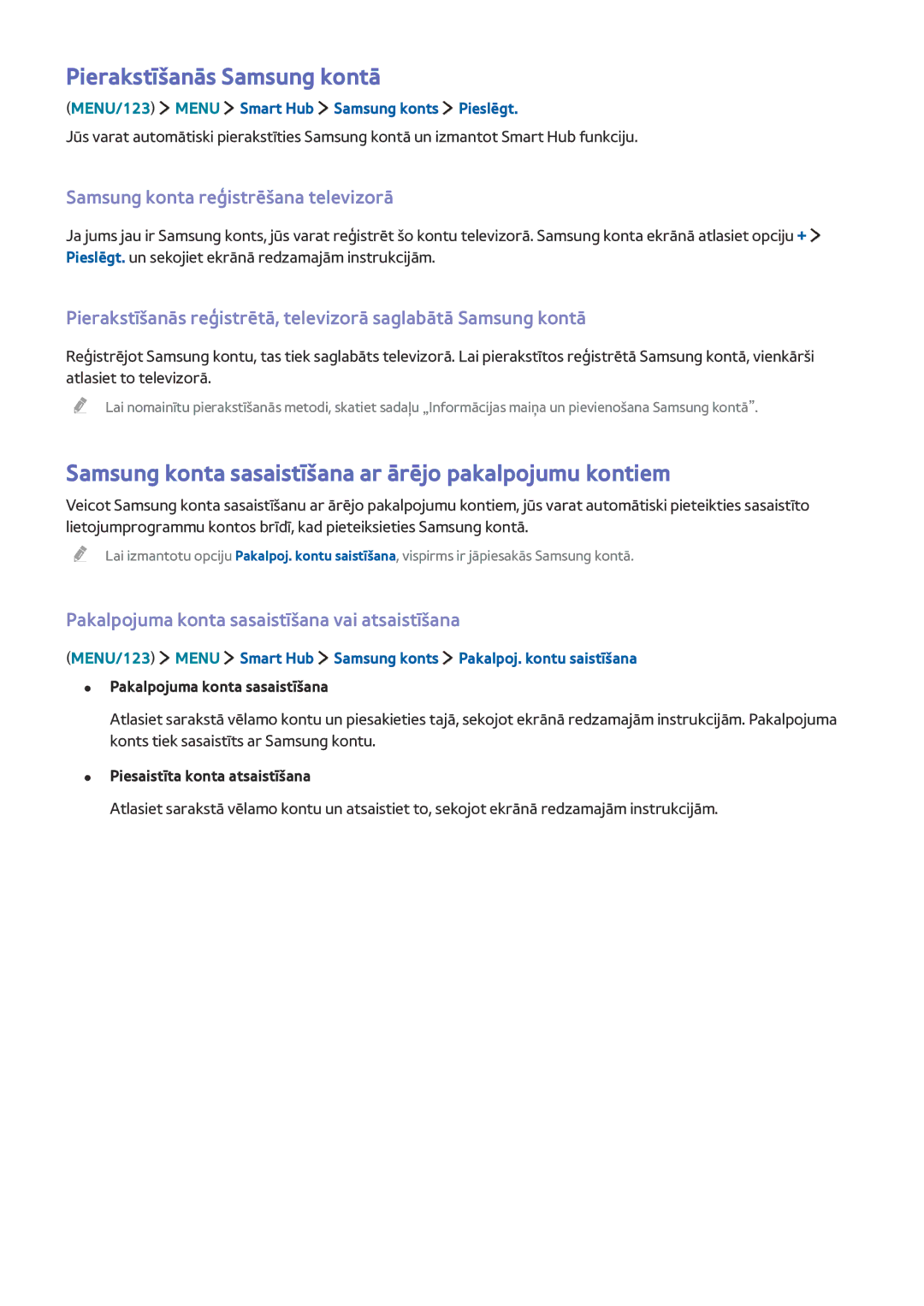Samsung UE40JU7002TXXH manual Pierakstīšanās Samsung kontā, Samsung konta sasaistīšana ar ārējo pakalpojumu kontiem 