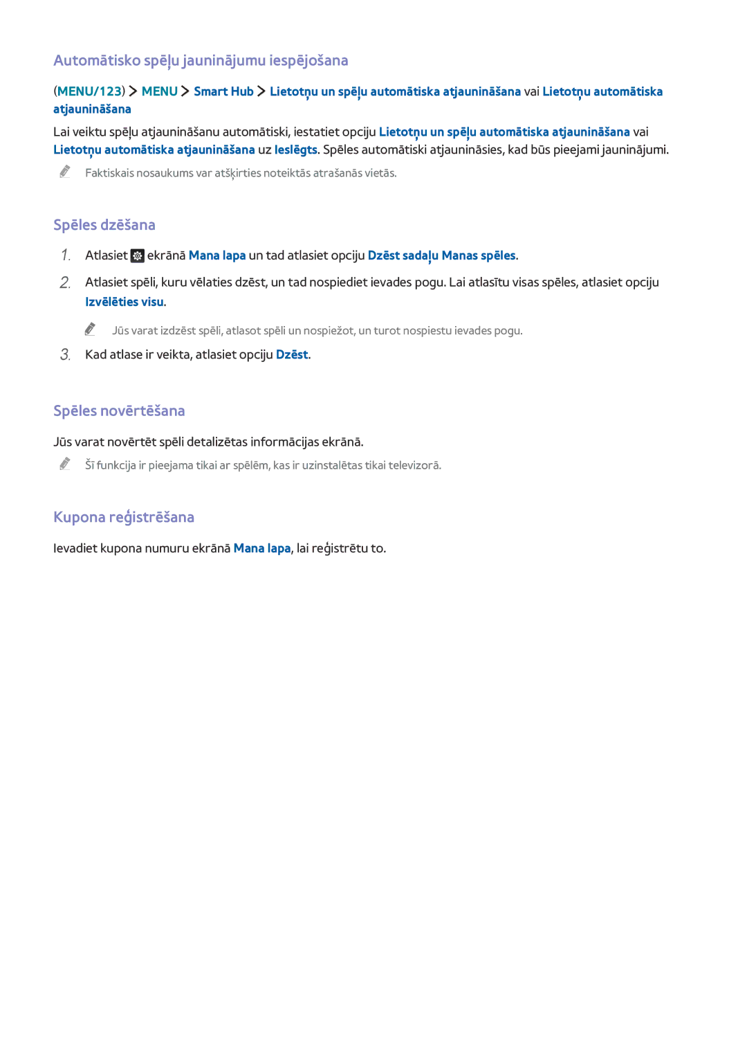 Samsung UE40JU6472UXXH Automātisko spēļu jauninājumu iespējošana, Spēles dzēšana, Spēles novērtēšana, Kupona reģistrēšana 