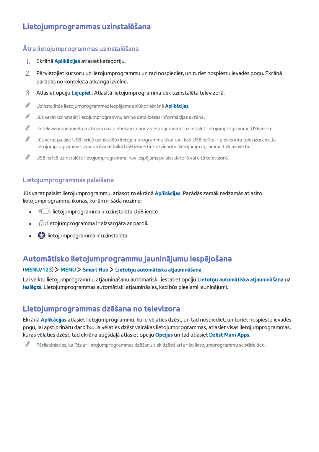 Samsung UE48JU7502TXXH manual Lietojumprogrammas uzinstalēšana, Automātisko lietojumprogrammu jauninājumu iespējošana 