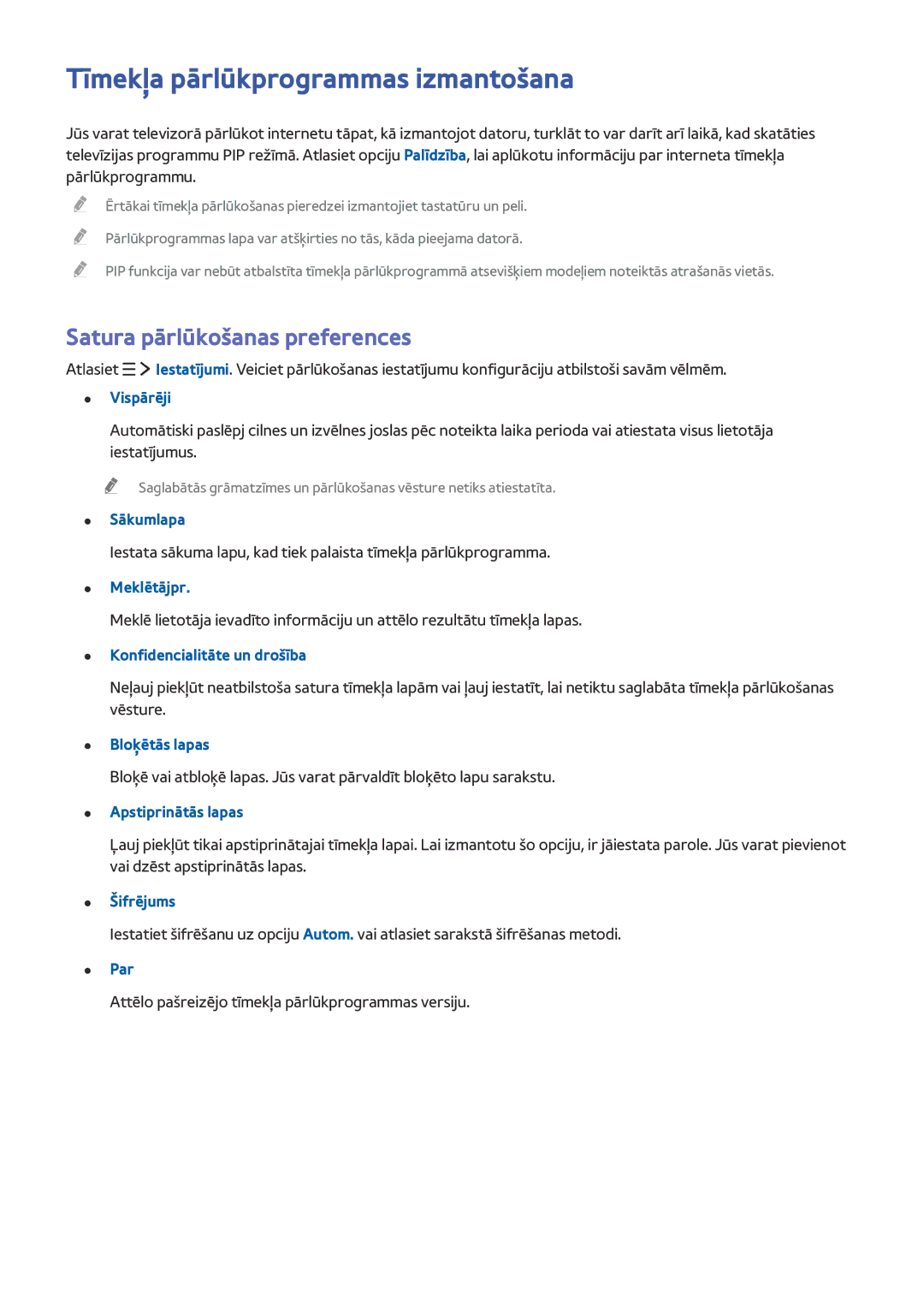 Samsung UE65JU6572UXXH, UE48JU6495UXZG manual Tīmekļa pārlūkprogrammas izmantošana, Satura pārlūkošanas preferences 