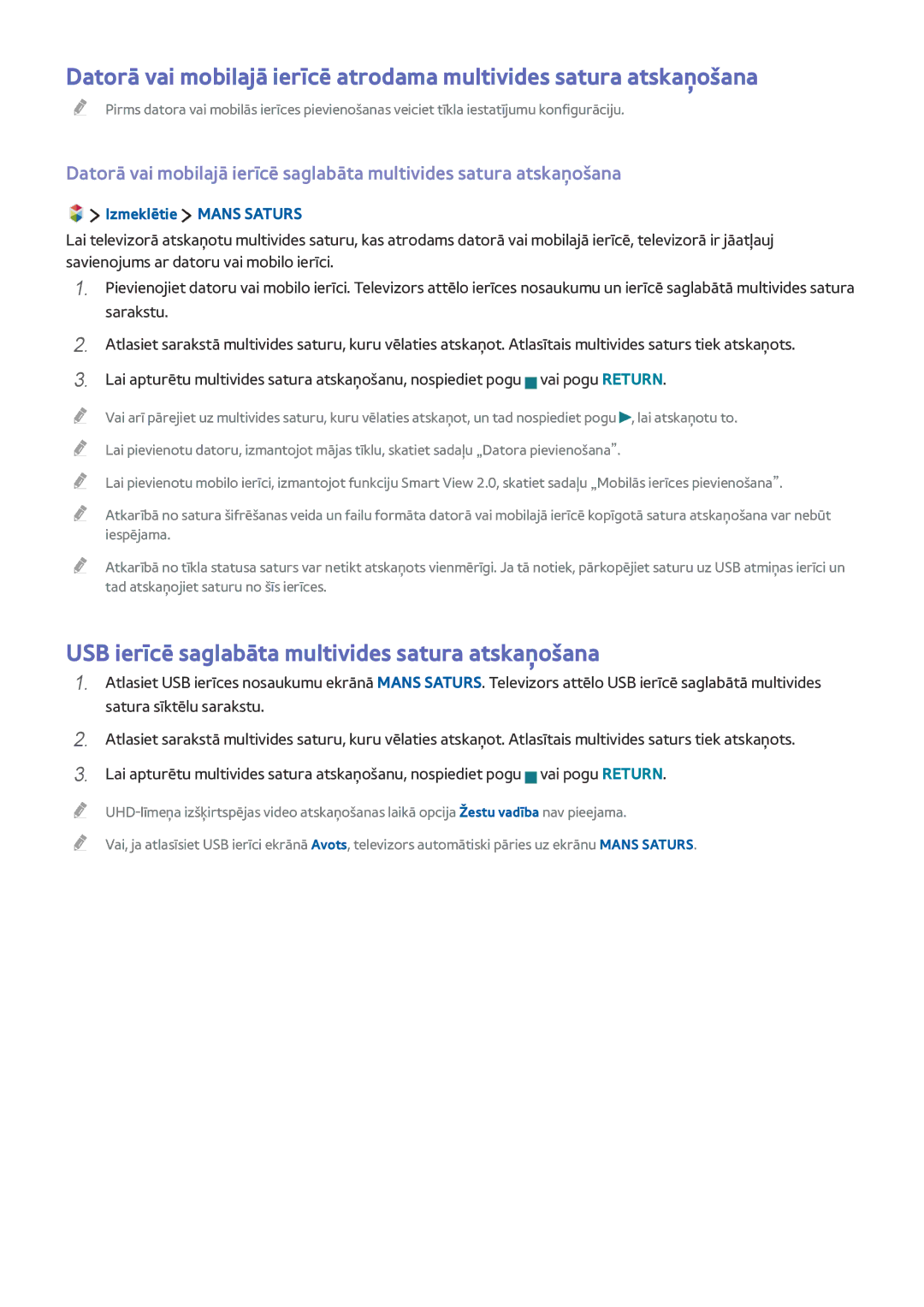 Samsung UE55JU7502TXXH, UE48JU6495UXZG manual USB ierīcē saglabāta multivides satura atskaņošana, Izmeklētie Mans Saturs 