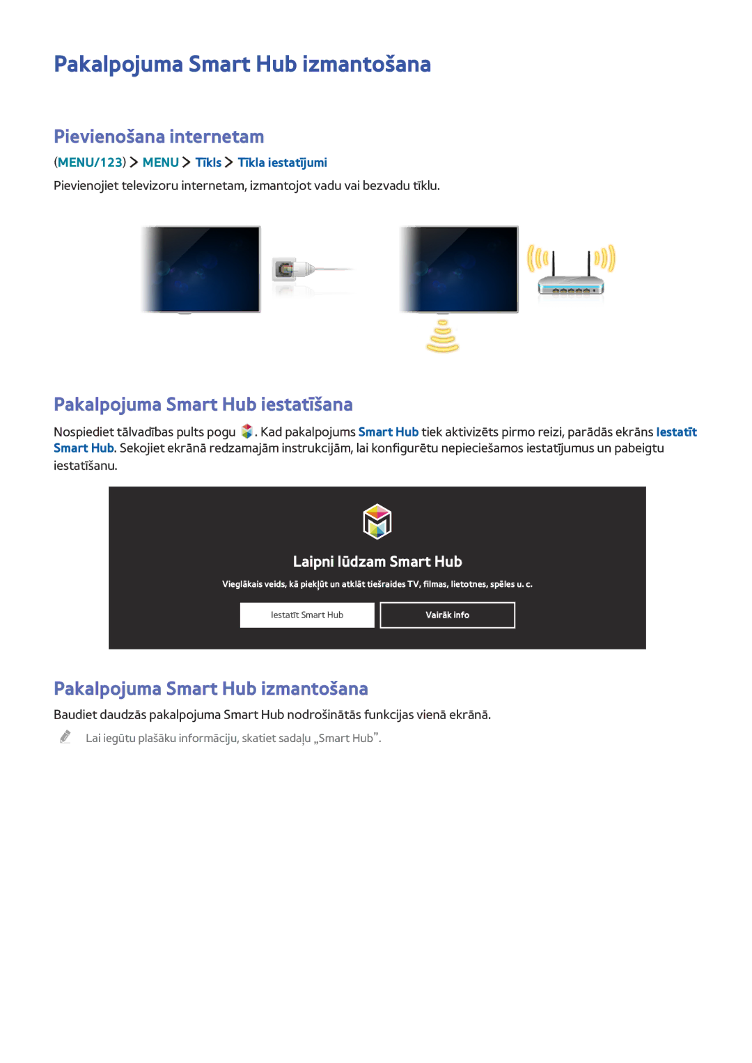 Samsung UE40JU6480UXZG manual Pakalpojuma Smart Hub izmantošana, Pievienošana internetam, Pakalpojuma Smart Hub iestatīšana 