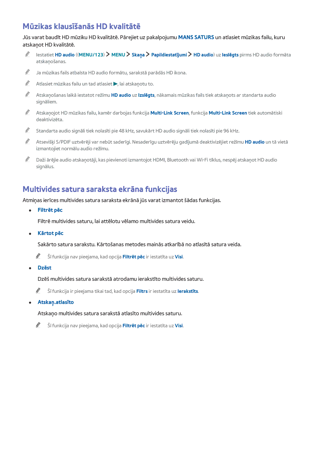 Samsung UE48JU6742UXXH, UE48JU6495UXZG manual Mūzikas klausīšanās HD kvalitātē, Multivides satura saraksta ekrāna funkcijas 