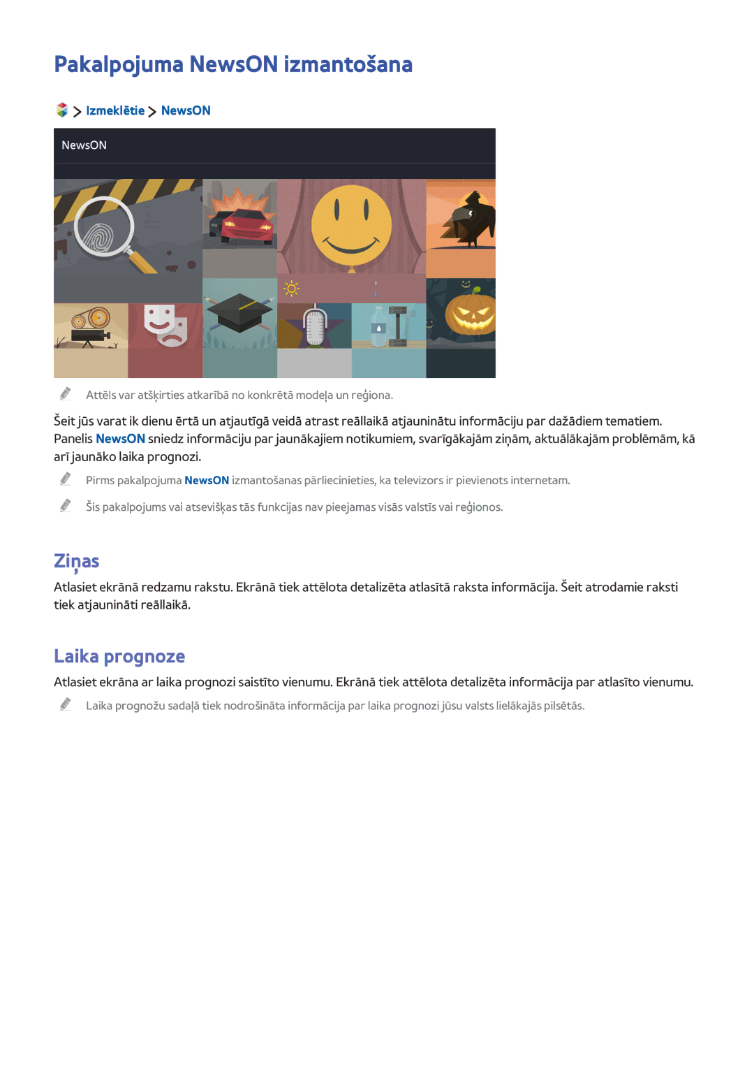 Samsung UE40JU6672UXXH, UE48JU6495UXZG manual Pakalpojuma NewsON izmantošana, Ziņas, Laika prognoze, Izmeklētie NewsON 