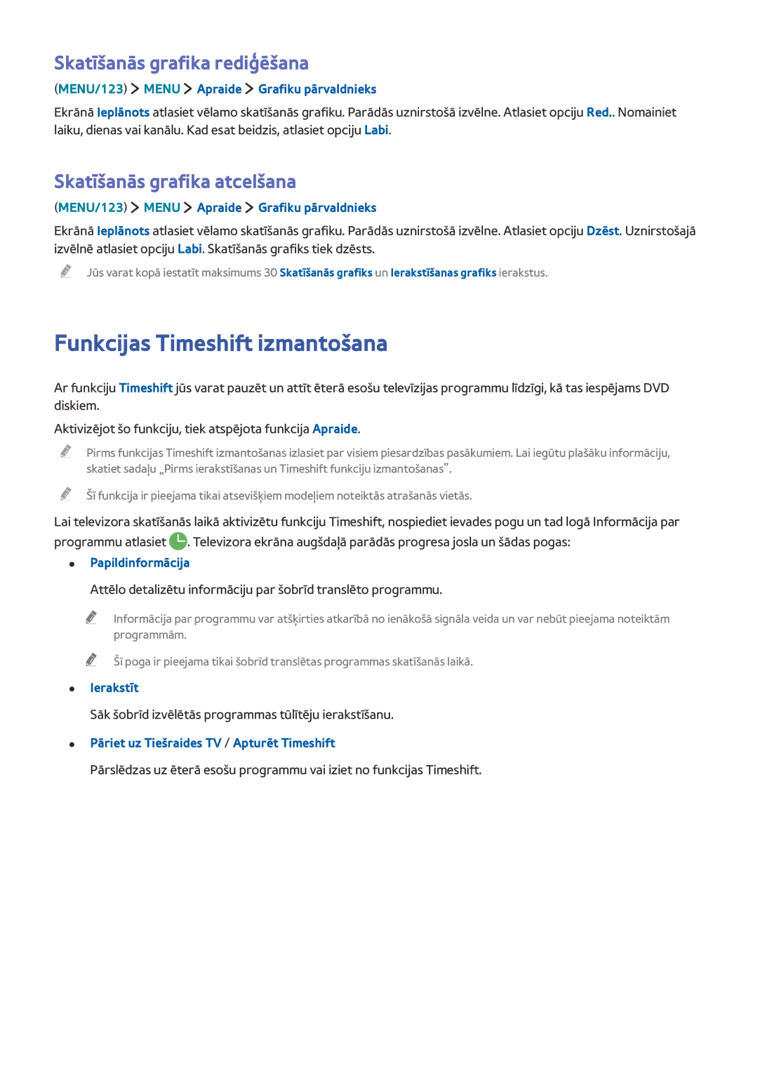 Samsung UE55JU6050UXZG manual Funkcijas Timeshift izmantošana, Skatīšanās grafika rediģēšana, Skatīšanās grafika atcelšana 