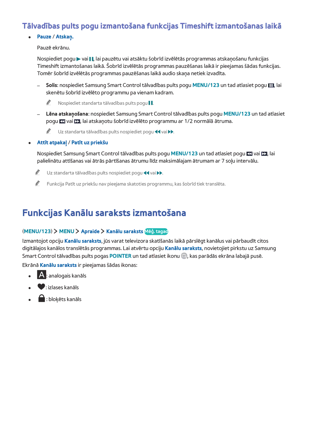 Samsung UE48JU6430UXZG manual Funkcijas Kanālu saraksts izmantošana, MENU/123 Menu Apraide Kanālu saraksts Mēģ. tagad 