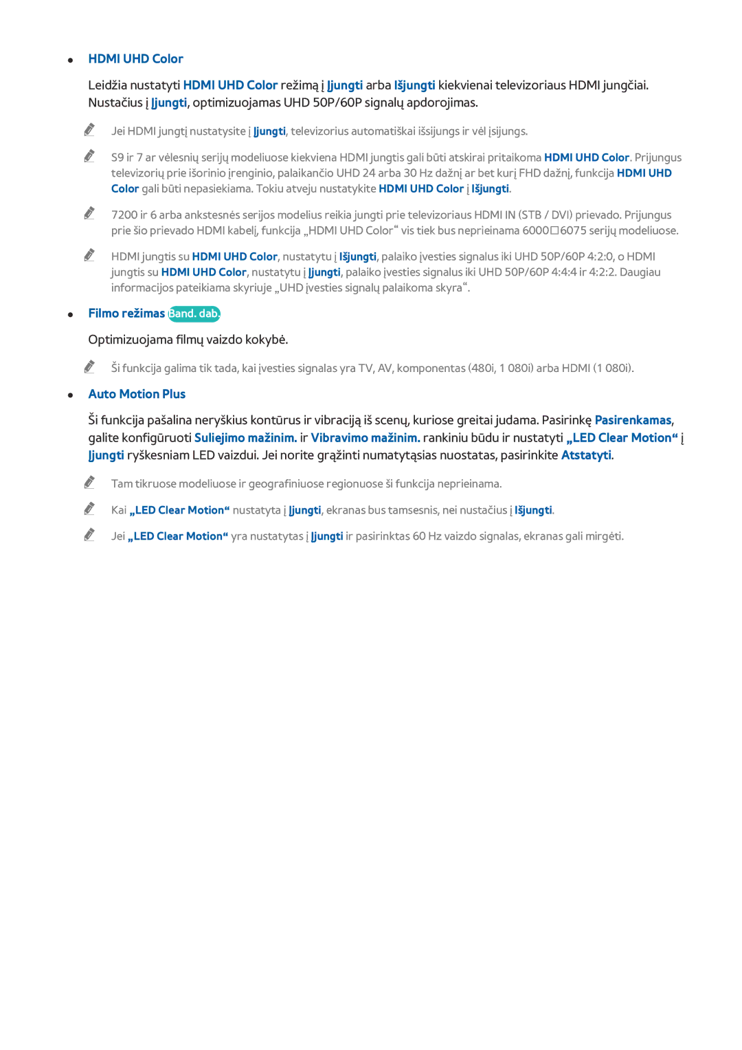 Samsung UE48JS8502TXXH manual Hdmi UHD Color, Filmo režimas Band. dab, Optimizuojama filmų vaizdo kokybė, Auto Motion Plus 
