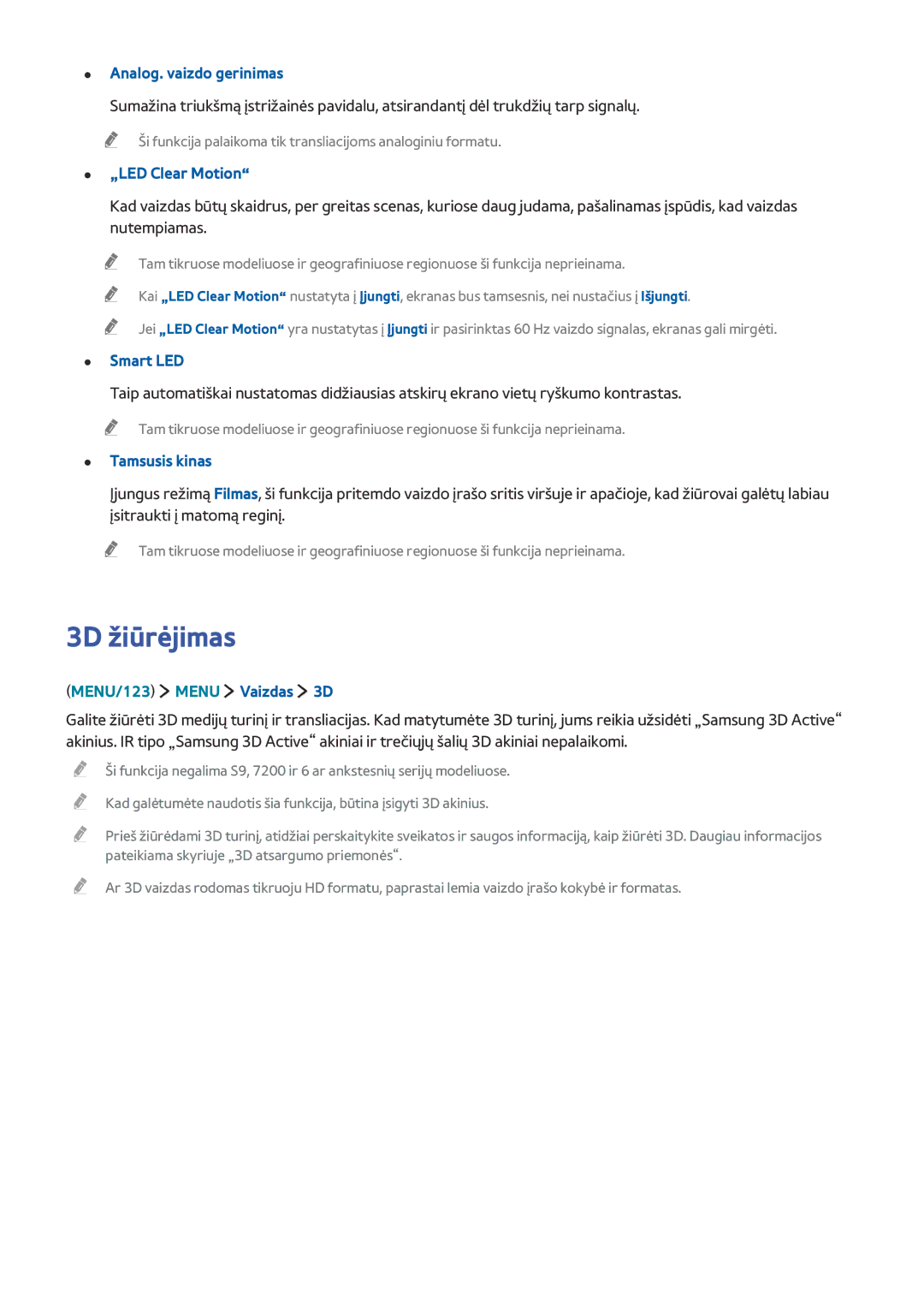 Samsung UE50JU6472UXXH manual 3D žiūrėjimas, Analog. vaizdo gerinimas, „LED Clear Motion, Smart LED, Tamsusis kinas 