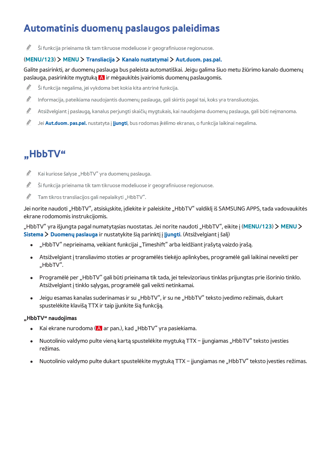 Samsung UE55JU6412UXXH, UE48JU6495UXZG, UE48JU6490UXZG, UE40JU6450UXZG manual Automatinis duomenų paslaugos paleidimas, „HbbTV 