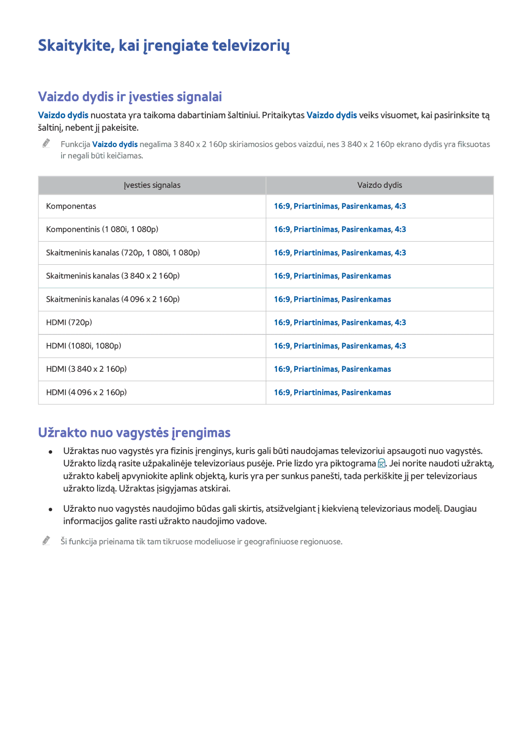 Samsung UE55JU6450UXZG, UE48JU6495UXZG manual Skaitykite, kai įrengiate televizorių, Vaizdo dydis ir įvesties signalai 