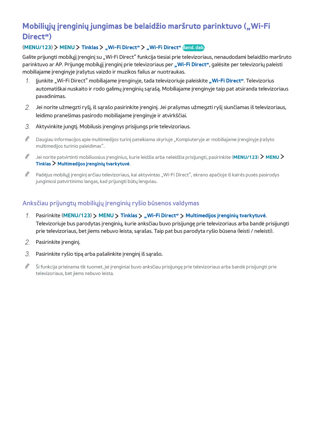 Samsung UE40JU6580UXZG, UE48JU6495UXZG, UE48JU6490UXZG manual MENU/123 Menu Tinklas „Wi-Fi Direct „Wi-Fi Direct Band. dab 