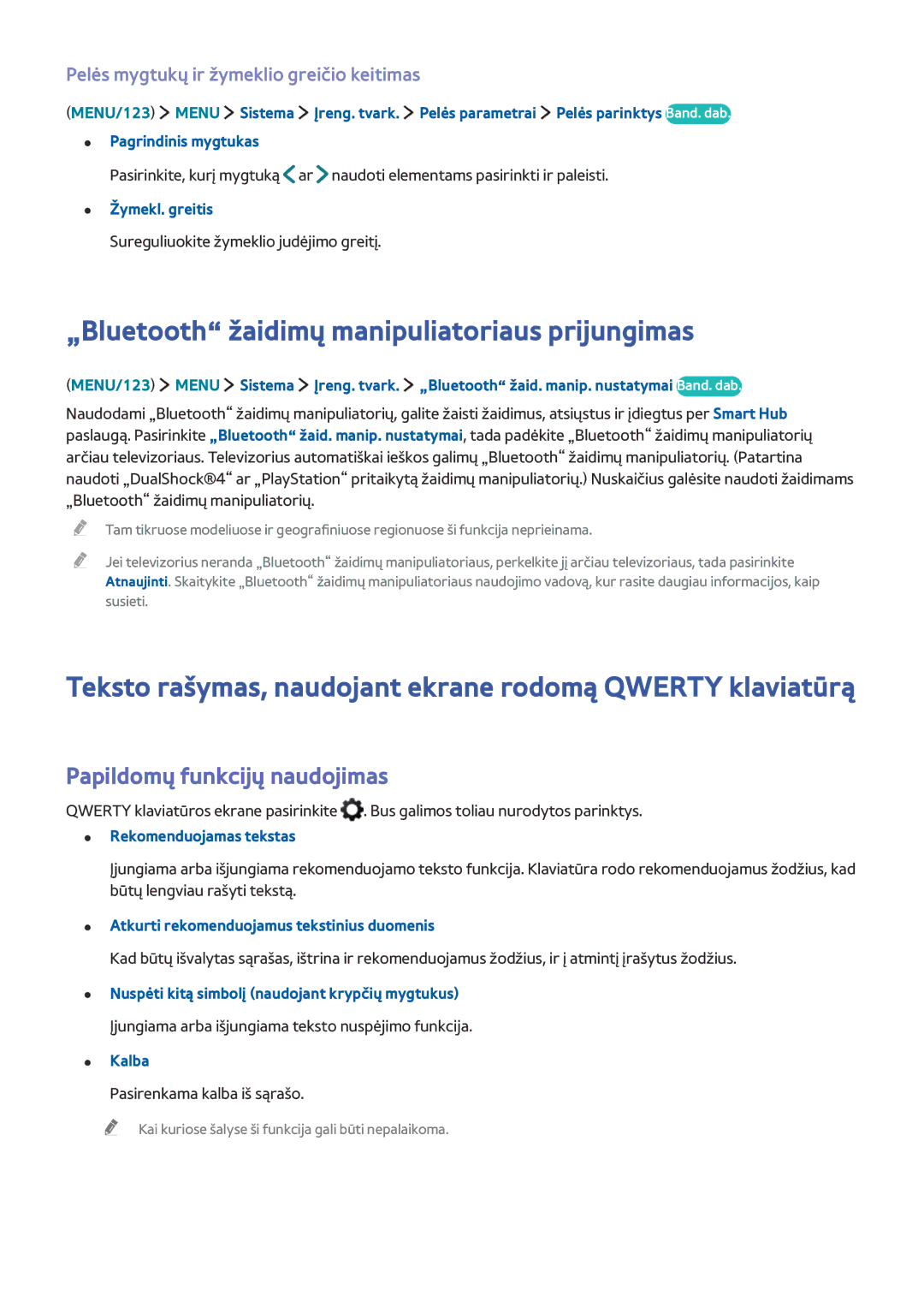 Samsung UE48JU7002TXXH, UE48JU6495UXZG manual „Bluetooth žaidimų manipuliatoriaus prijungimas, Papildomų funkcijų naudojimas 