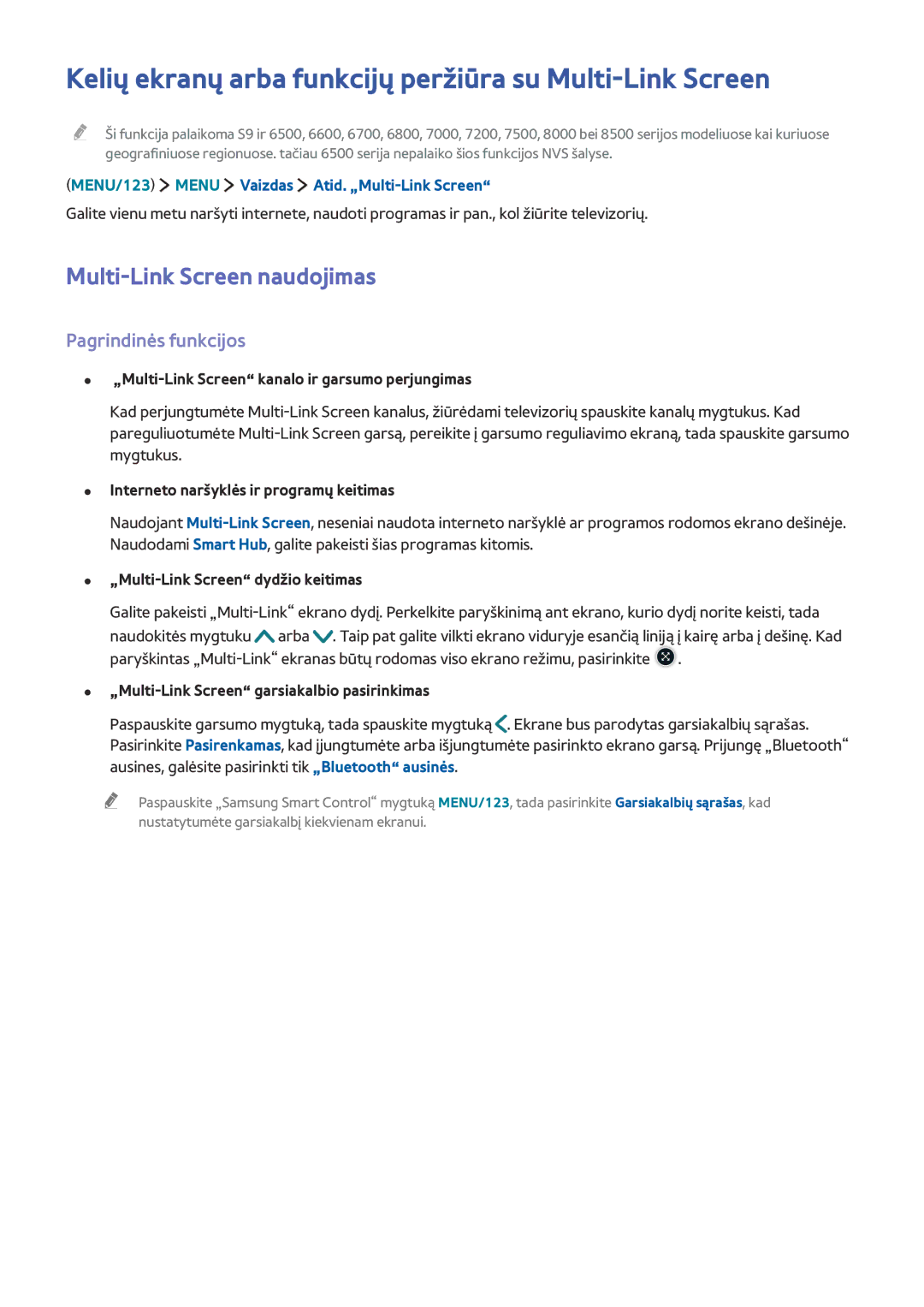 Samsung UE55JU6512UXXH manual Kelių ekranų arba funkcijų peržiūra su Multi-Link Screen, Multi-Link Screen naudojimas 