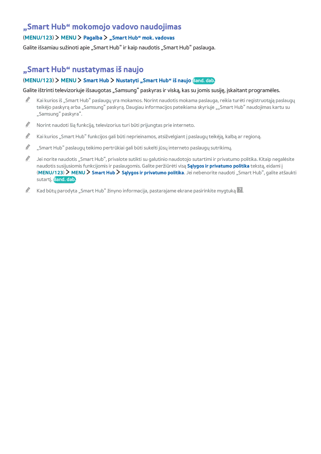 Samsung UE65JU7502TXXH, UE48JU6495UXZG manual „Smart Hub mokomojo vadovo naudojimas, „Smart Hub nustatymas iš naujo 