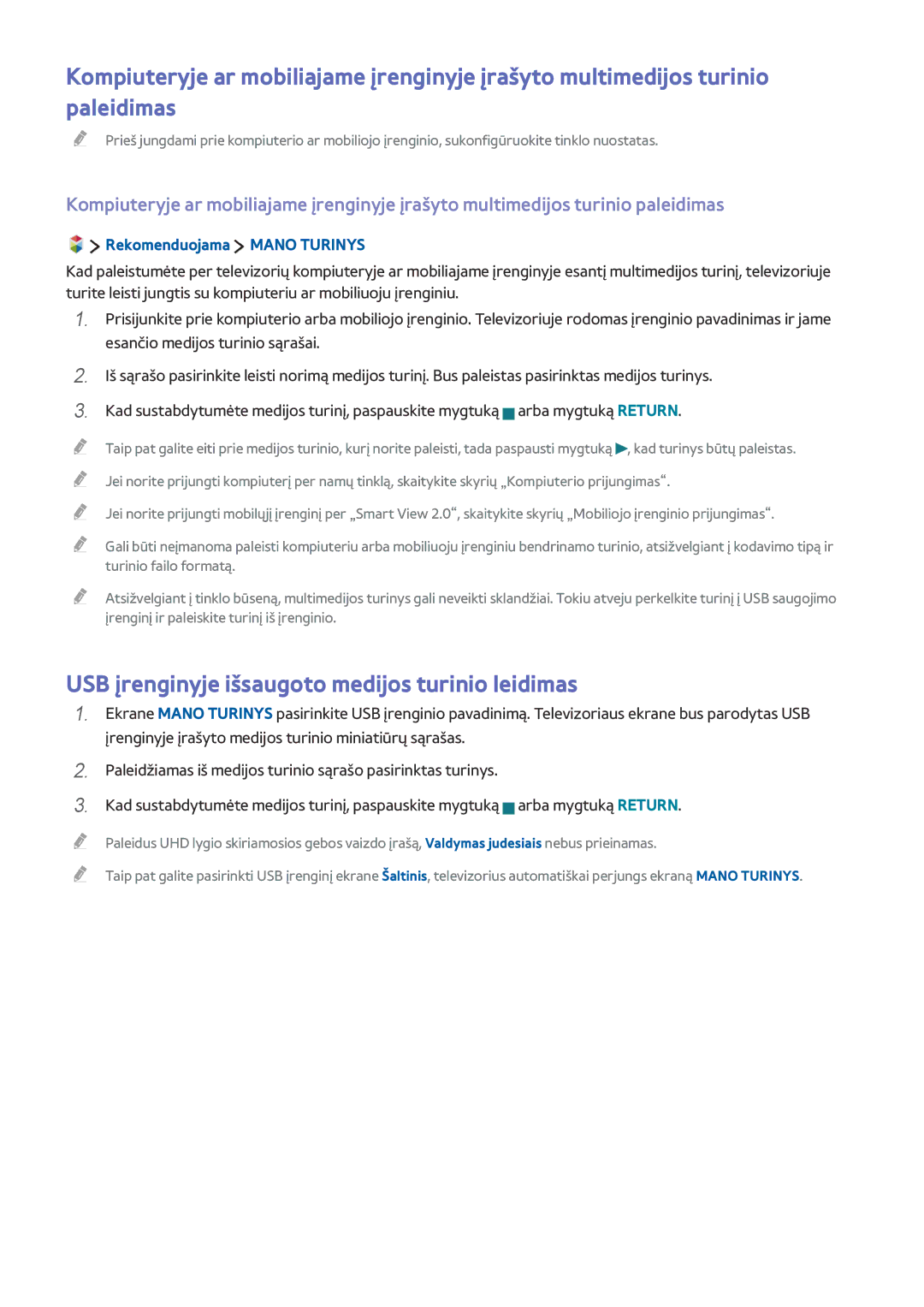Samsung UE55JU7502TXXH, UE48JU6495UXZG manual USB įrenginyje išsaugoto medijos turinio leidimas, Rekomenduojama Mano Turinys 