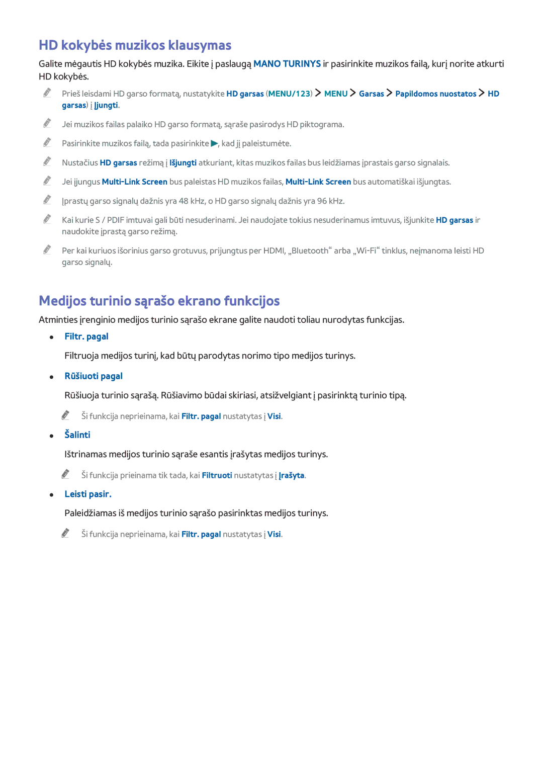 Samsung UE48JU6742UXXH, UE48JU6495UXZG manual HD kokybės muzikos klausymas, Medijos turinio sąrašo ekrano funkcijos 