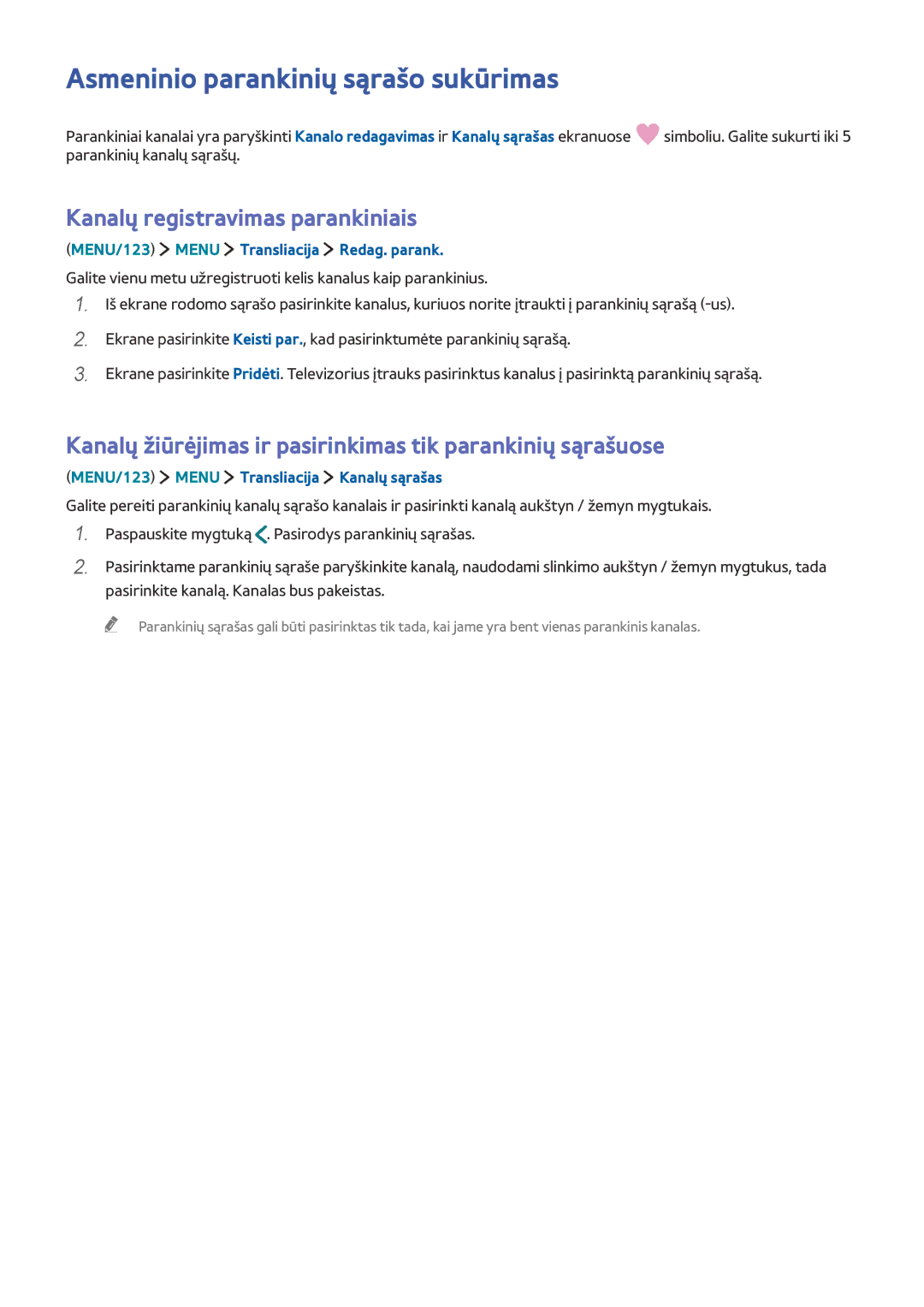 Samsung UE40JU6550UXZG, UE48JU6495UXZG manual Asmeninio parankinių sąrašo sukūrimas, Kanalų registravimas parankiniais 