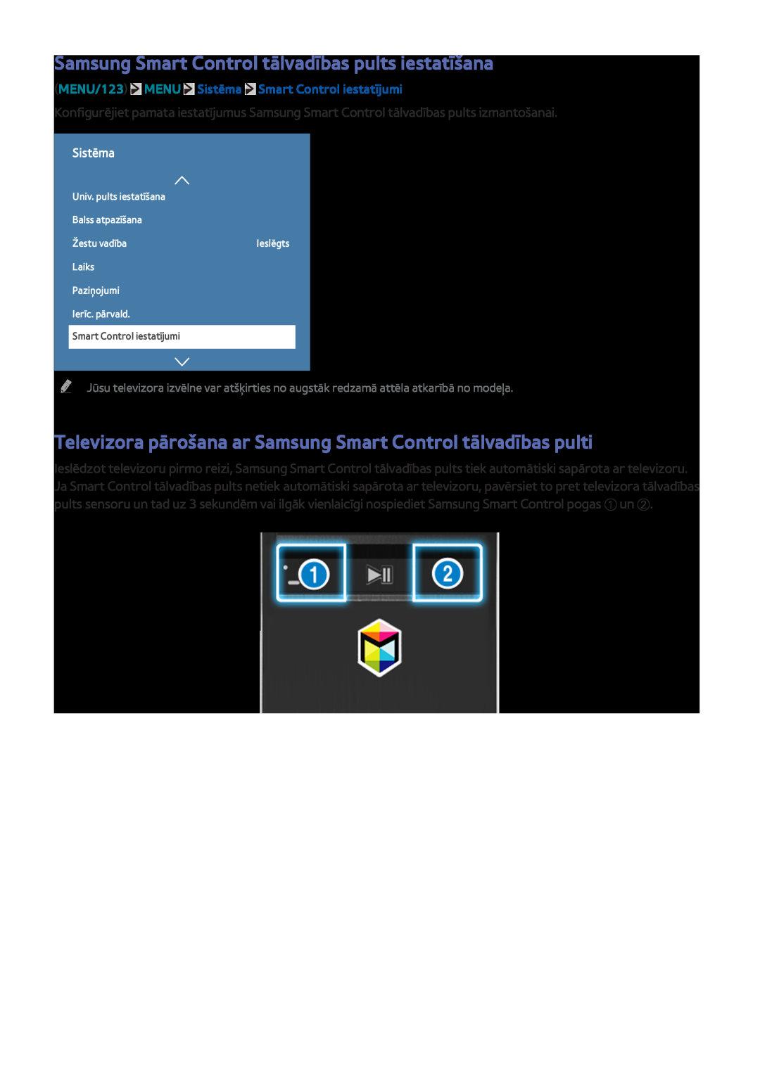 Samsung UE48JU6430UXZG Samsung Smart Control tālvadības pults iestatīšana, MENU/123 MENU Sistēma Smart Control iestatījumi 