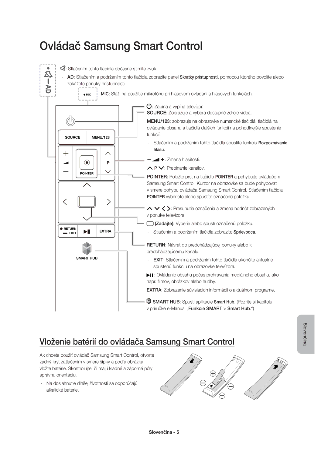 Samsung UE65JU6500WXXN, UE48JU6510SXXH Ovládač Samsung Smart Control, Vloženie batérií do ovládača Samsung Smart Control 