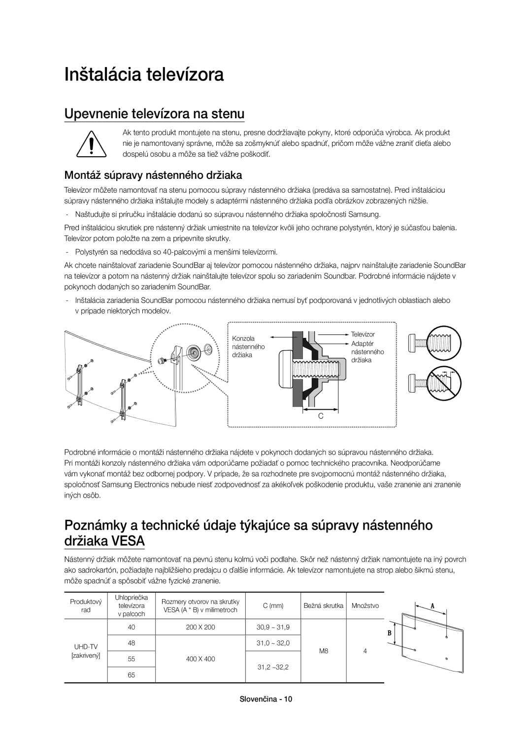 Samsung UE40JU6500WXXH manual Inštalácia televízora, Upevnenie televízora na stenu, Montáž súpravy nástenného držiaka 