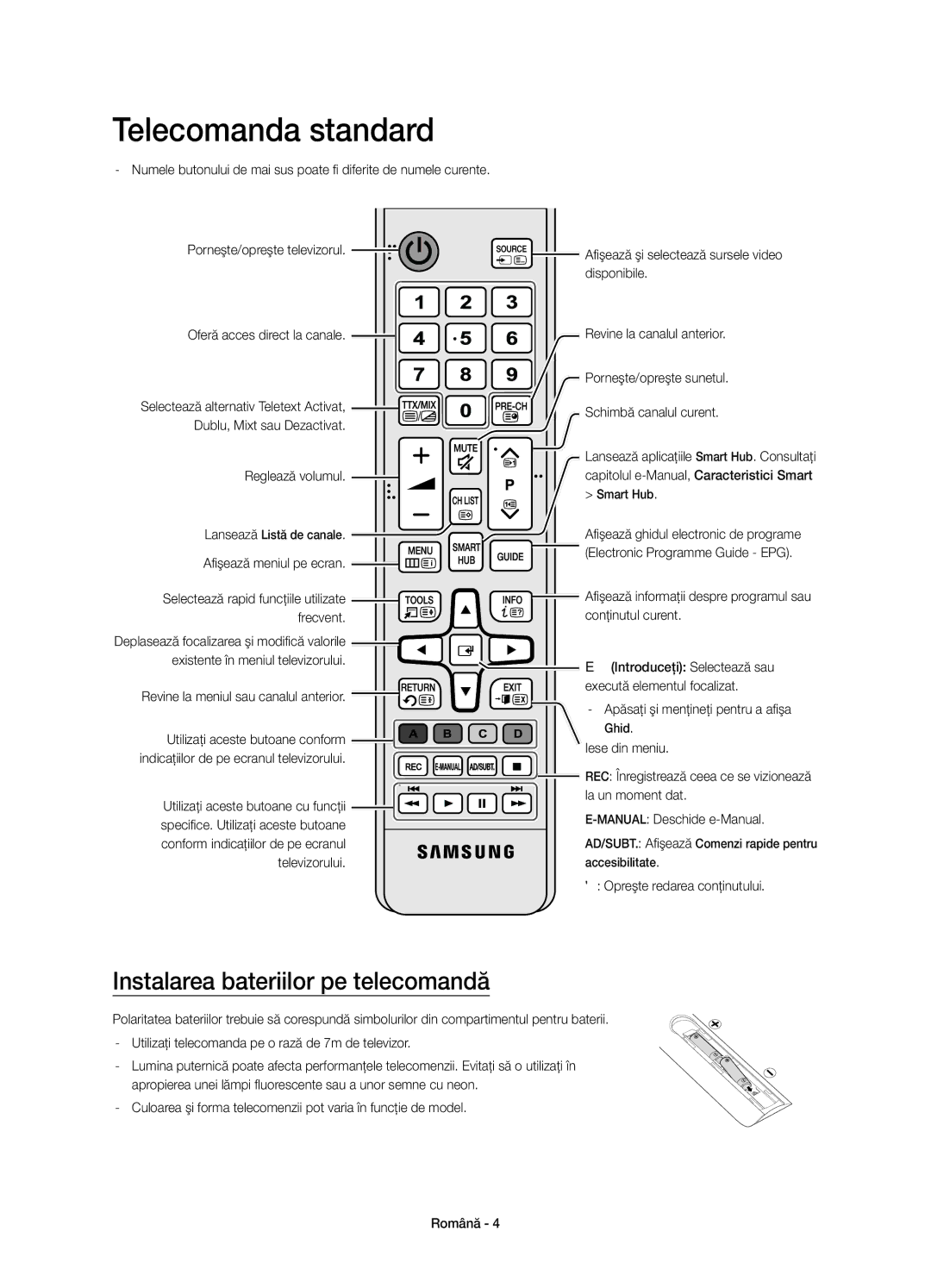 Samsung UE48JU6572UXXH, UE48JU6510SXXH manual Telecomanda standard, Instalarea bateriilor pe telecomandă, Reglează volumul 