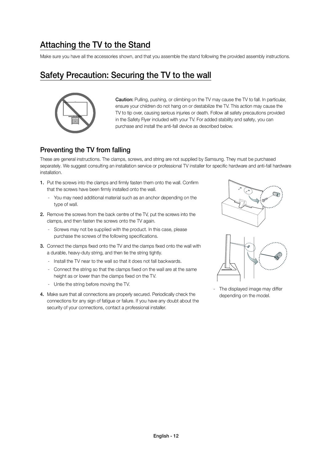 Samsung UE65JU6572UXXH, UE48JU6510SXXH manual Attaching the TV to the Stand, Safety Precaution Securing the TV to the wall 