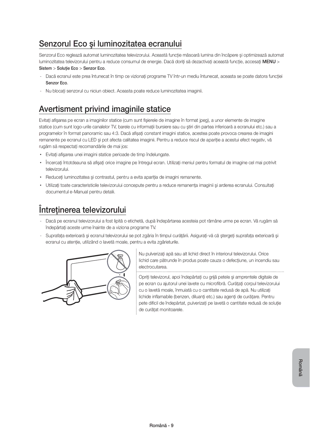 Samsung UE48JU6500WXXN, UE48JU6510SXXH manual Senzorul Eco şi luminozitatea ecranului, Avertisment privind imaginile statice 