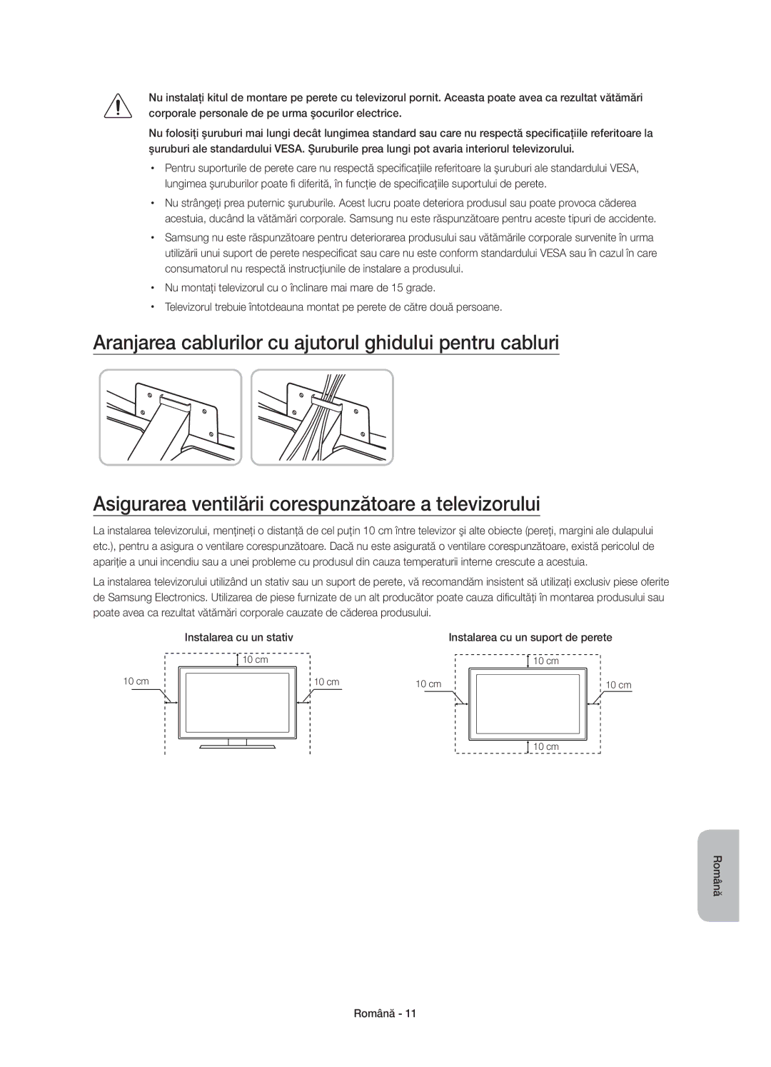 Samsung UE55JU6510SXXN, UE48JU6510SXXH, UE65JU6500WXXH, UE48JU6500WXXH, UE40JU6500WXXH manual Instalarea cu un suport de perete 