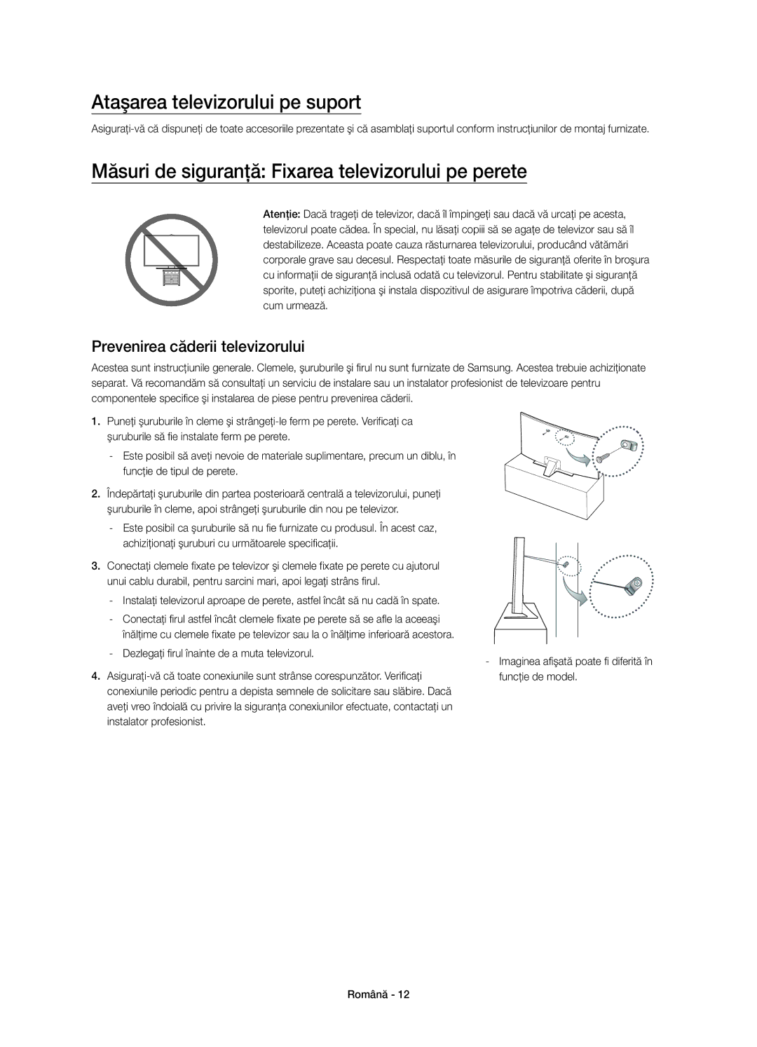 Samsung UE65JU6500WXXN manual Ataşarea televizorului pe suport, Măsuri de siguranţă Fixarea televizorului pe perete 