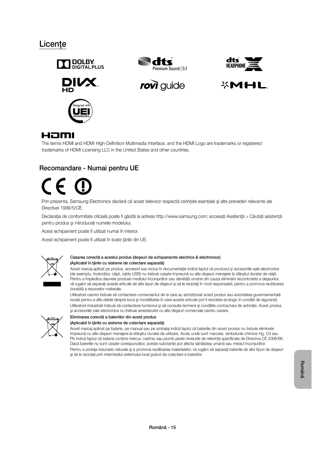 Samsung UE65JU6500WXXH, UE48JU6510SXXH, UE48JU6500WXXH, UE40JU6500WXXH, UE55JU6510SXXH Licenţe, Recomandare Numai pentru UE 