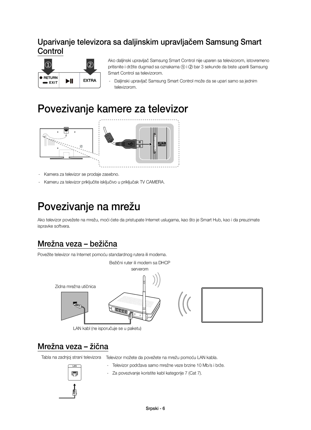 Samsung UE40JU6512UXXH manual Povezivanje kamere za televizor, Povezivanje na mrežu, Mrežna veza bežična, Mrežna veza žična 