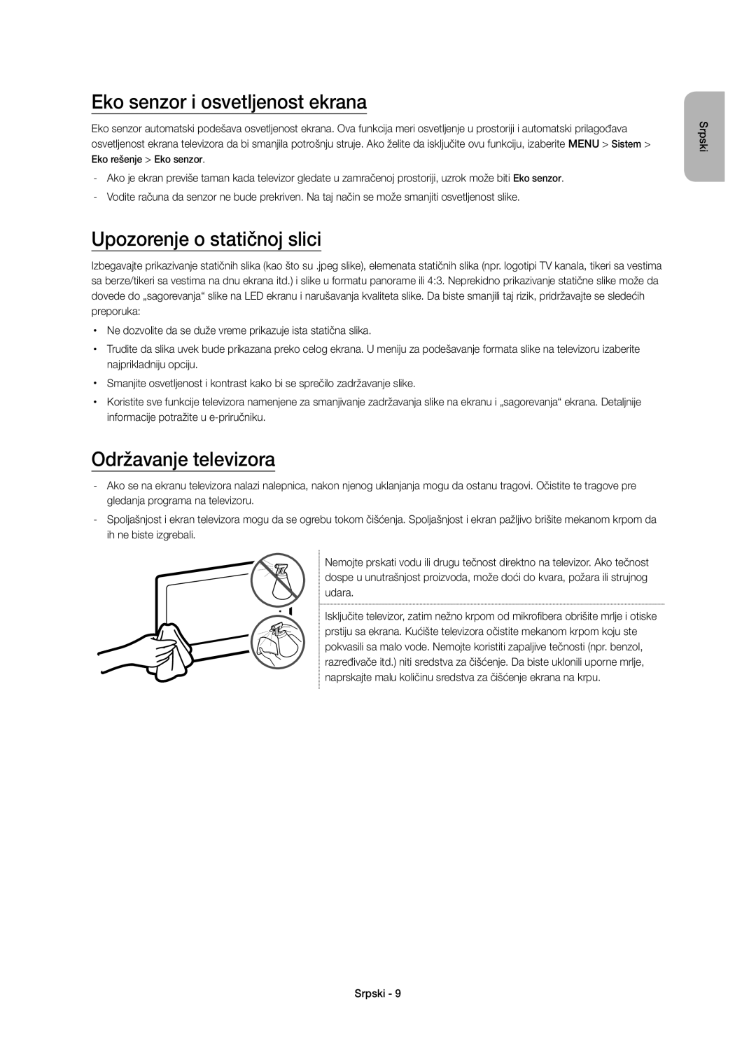 Samsung UE55JU6512UXXH manual Eko senzor i osvetljenost ekrana, Upozorenje o statičnoj slici, Održavanje televizora 