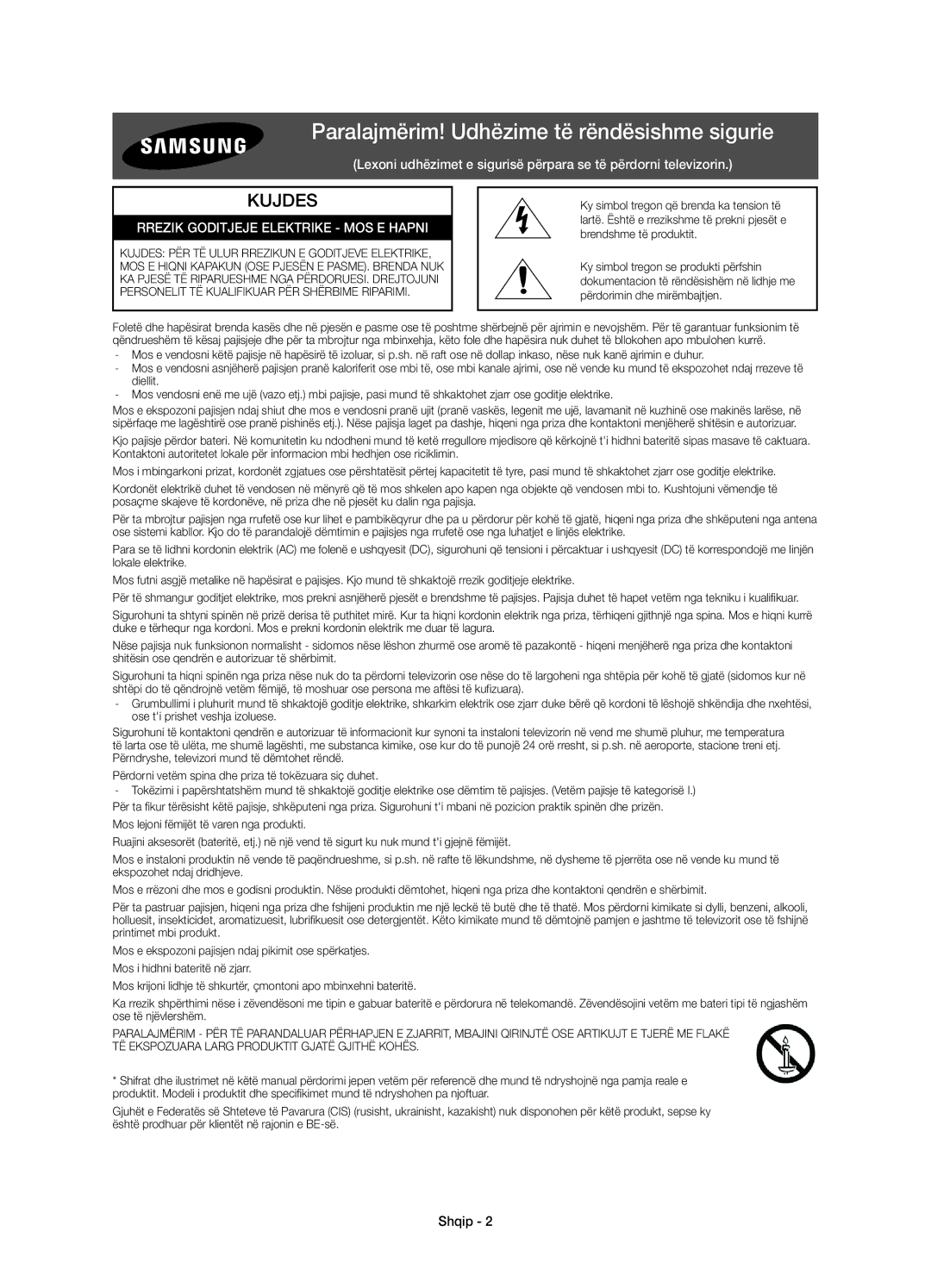 Samsung UE48JU6500WXXN manual Paralajmërim! Udhëzime të rëndësishme sigurie, Rrezik Goditjeje Elektrike MOS E Hapni, Shqip 