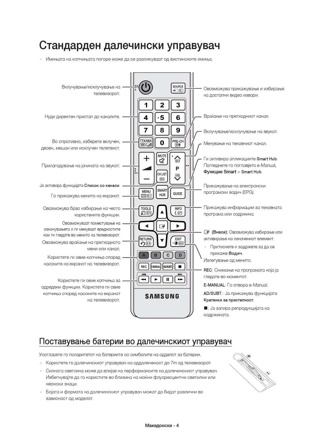 Samsung UE48JU6572UXXH, UE48JU6510SXXH manual Стандарден далечински управувач, Поставување батерии во далечинскиот управувач 