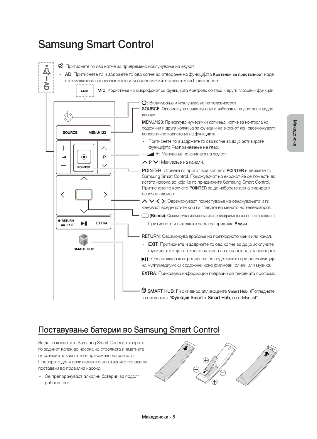 Samsung UE65JU6572UXXH, UE48JU6510SXXH, UE65JU6500WXXH manual Поставување батерии во Samsung Smart Control, Означен елемент 