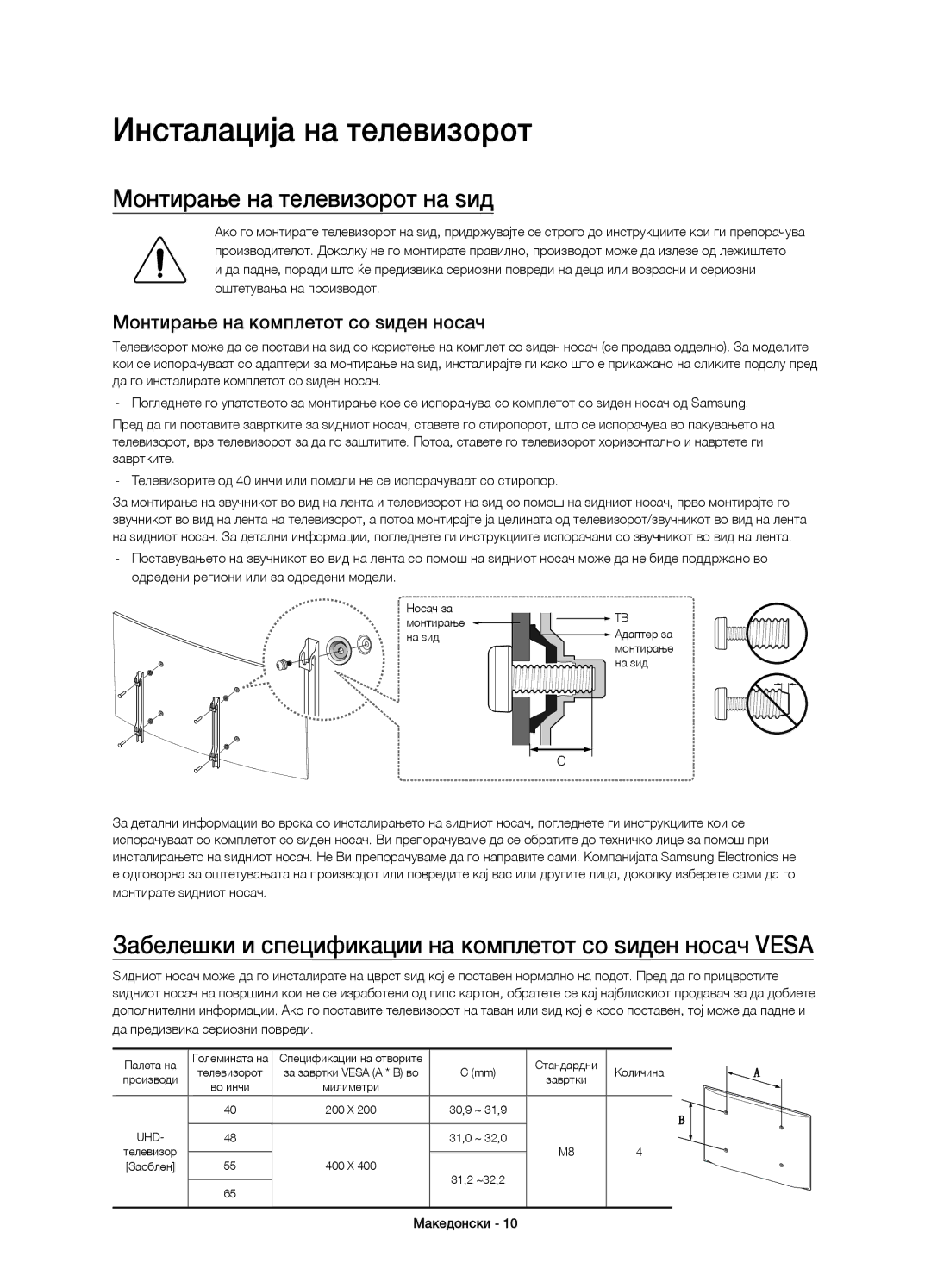 Samsung UE55JU6500WXXN Инсталација на телевизорот, Монтирање на телевизорот на ѕид, Монтирање на комплетот со ѕиден носач 