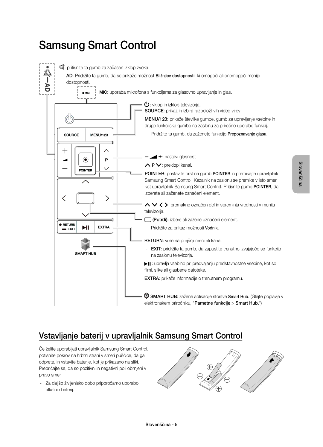 Samsung UE40JU6510SXXH, UE48JU6510SXXH, UE65JU6500WXXH manual Vstavljanje baterij v upravljalnik Samsung Smart Control 