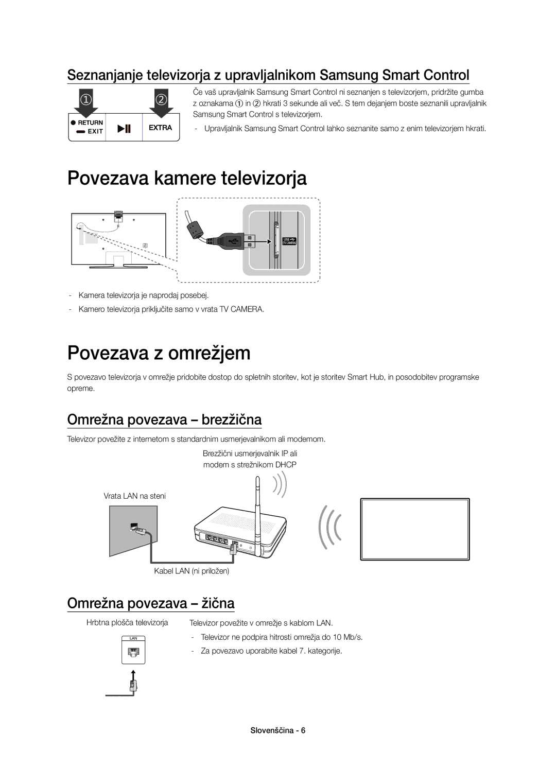 Samsung UE40JU6512UXXH, UE48JU6510SXXH manual Povezava kamere televizorja, Povezava z omrežjem, Omrežna povezava brezžična 