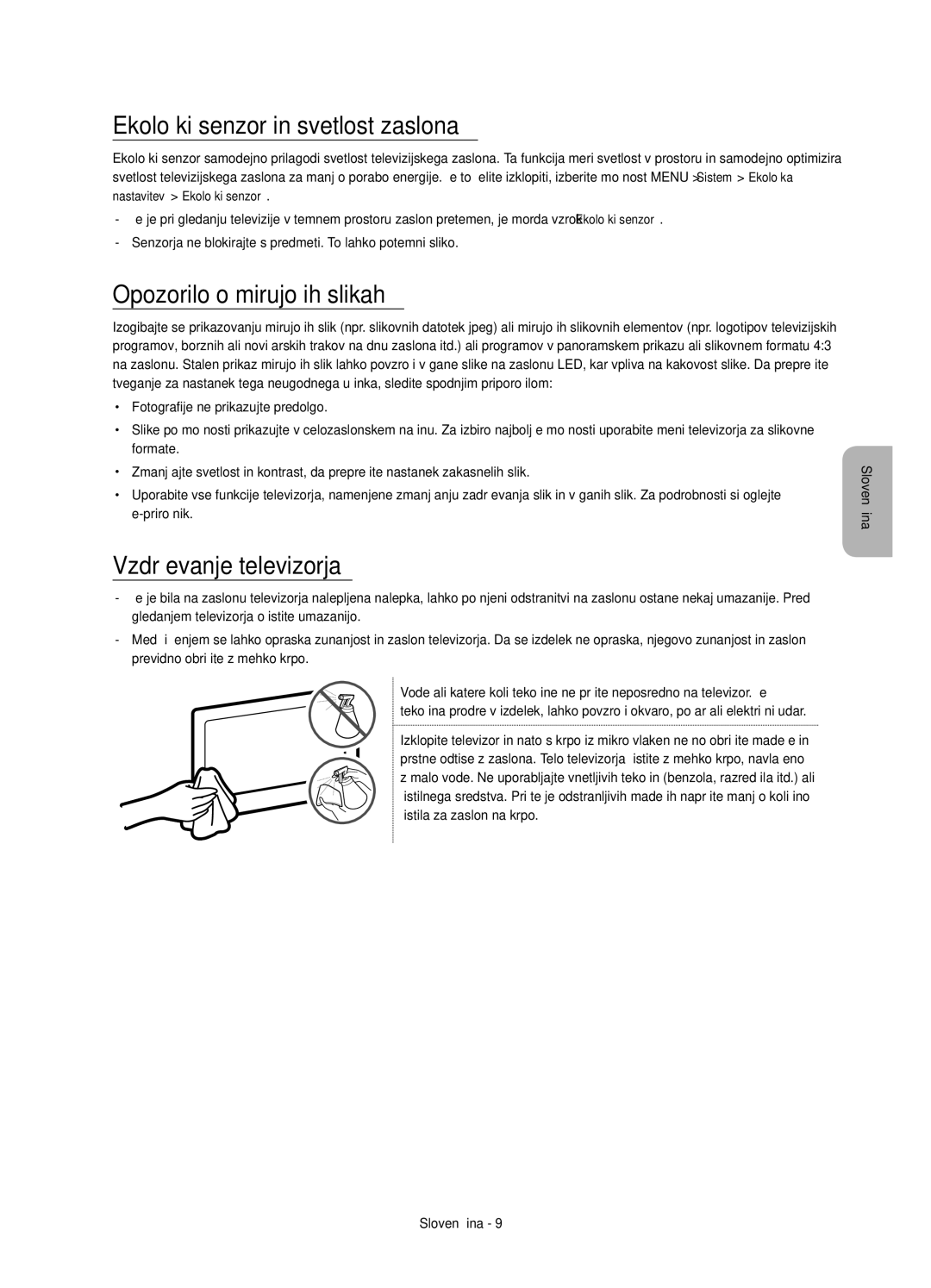 Samsung UE55JU6512UXXH manual Ekološki senzor in svetlost zaslona, Opozorilo o mirujočih slikah, Vzdrževanje televizorja 